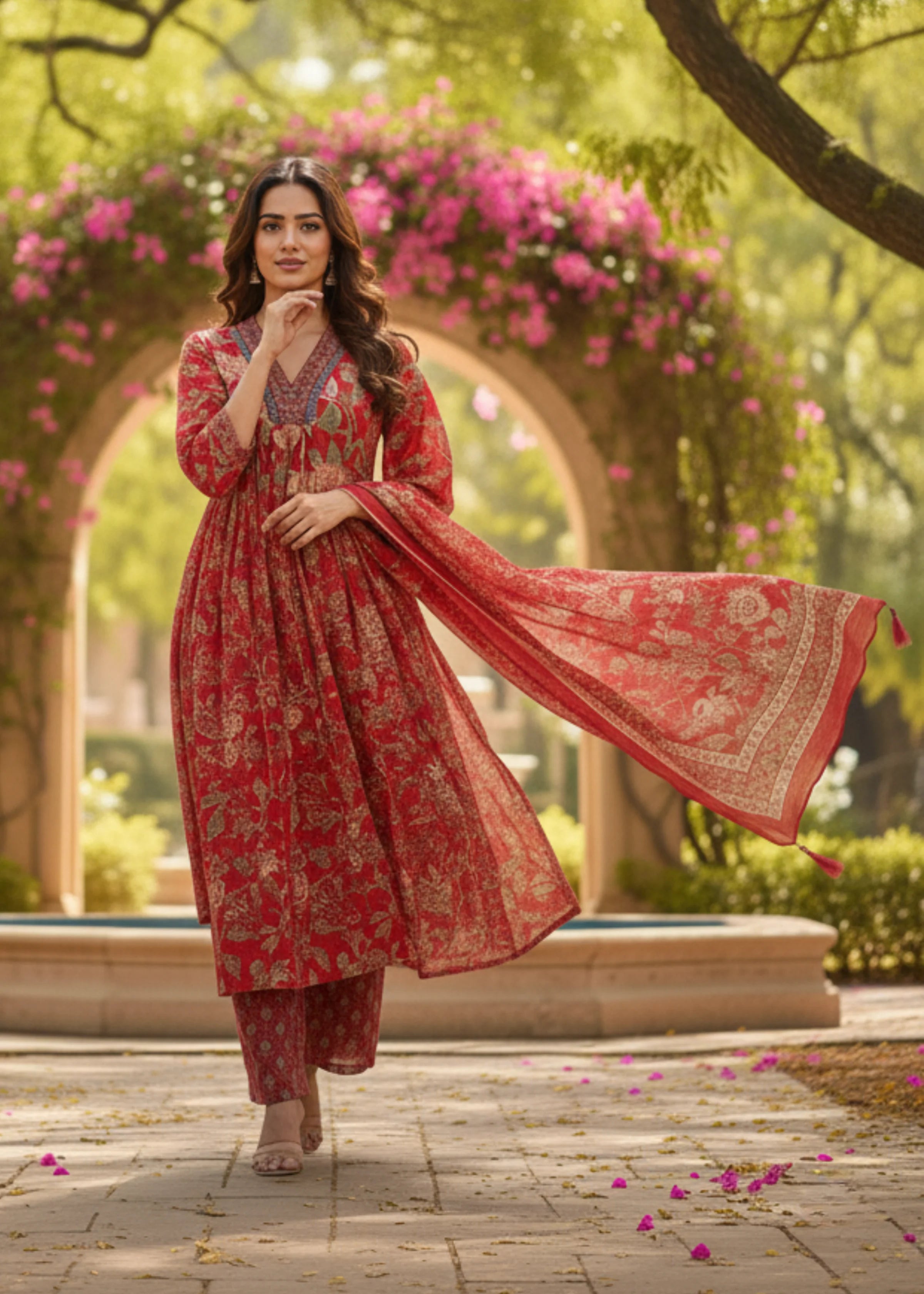 Red Floral Print Anarkali Suit Set for Daily and Festive Wear