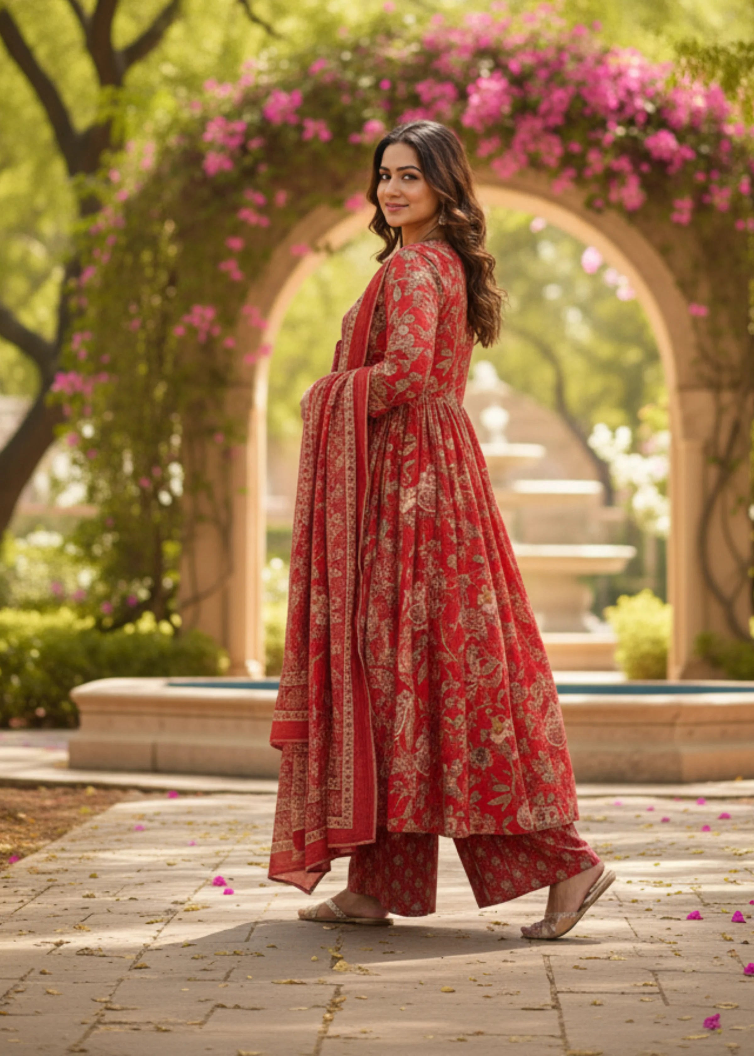 Red Floral Print Anarkali Suit Set for Daily and Festive Wear