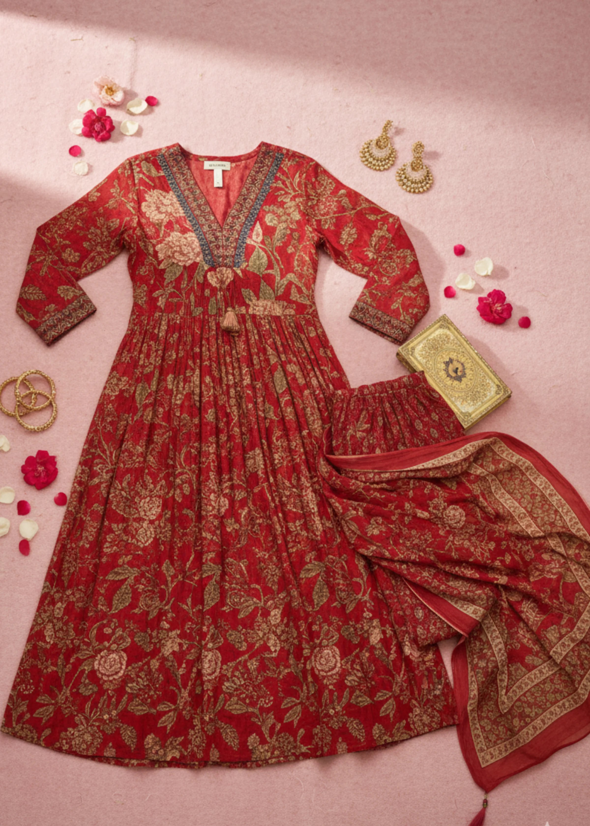 Red Floral Print Anarkali Suit Set for Daily and Festive Wear