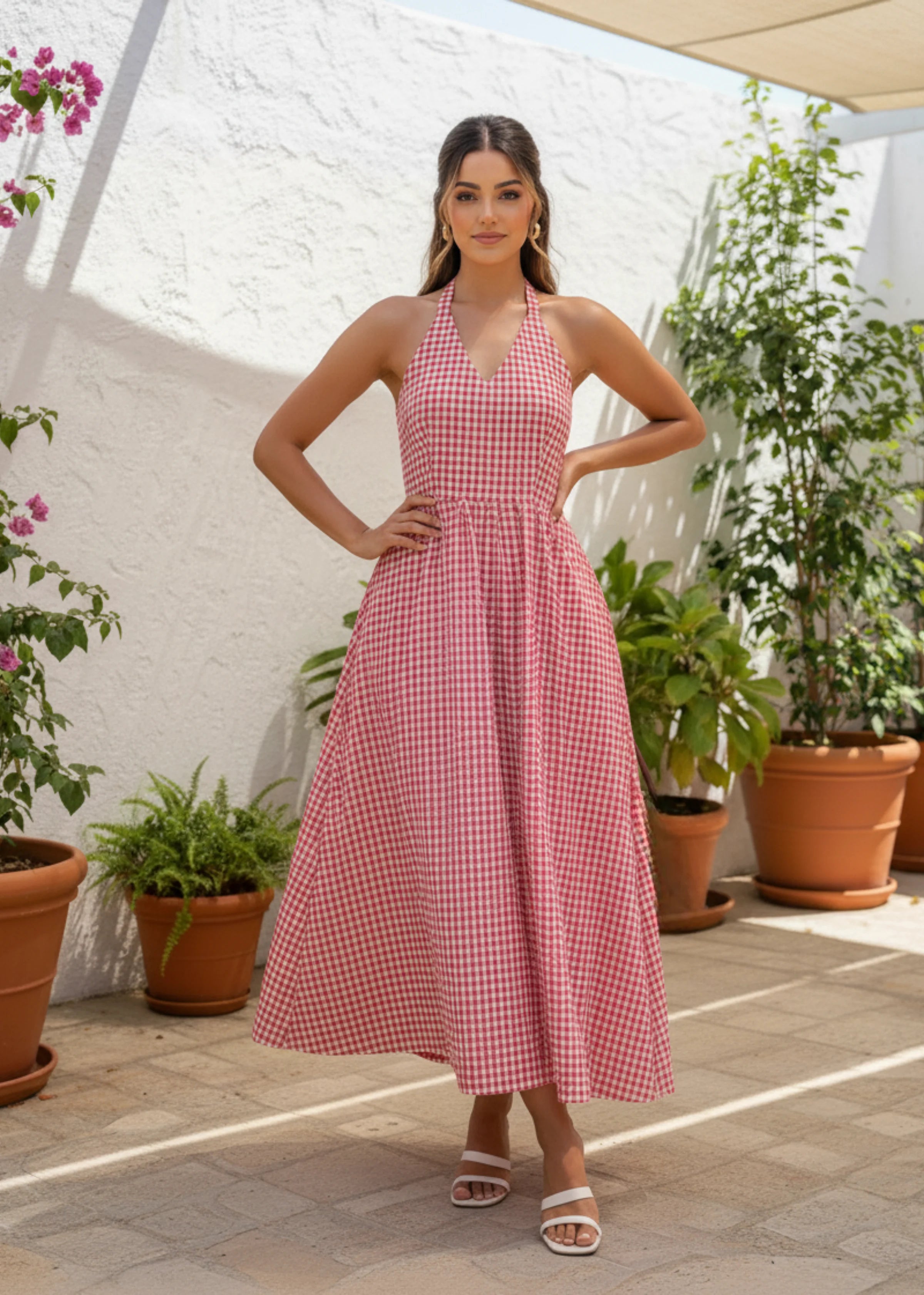 Retro Red Gingham Halter Neck Midi Dress in Vintage Fit and Flare Style