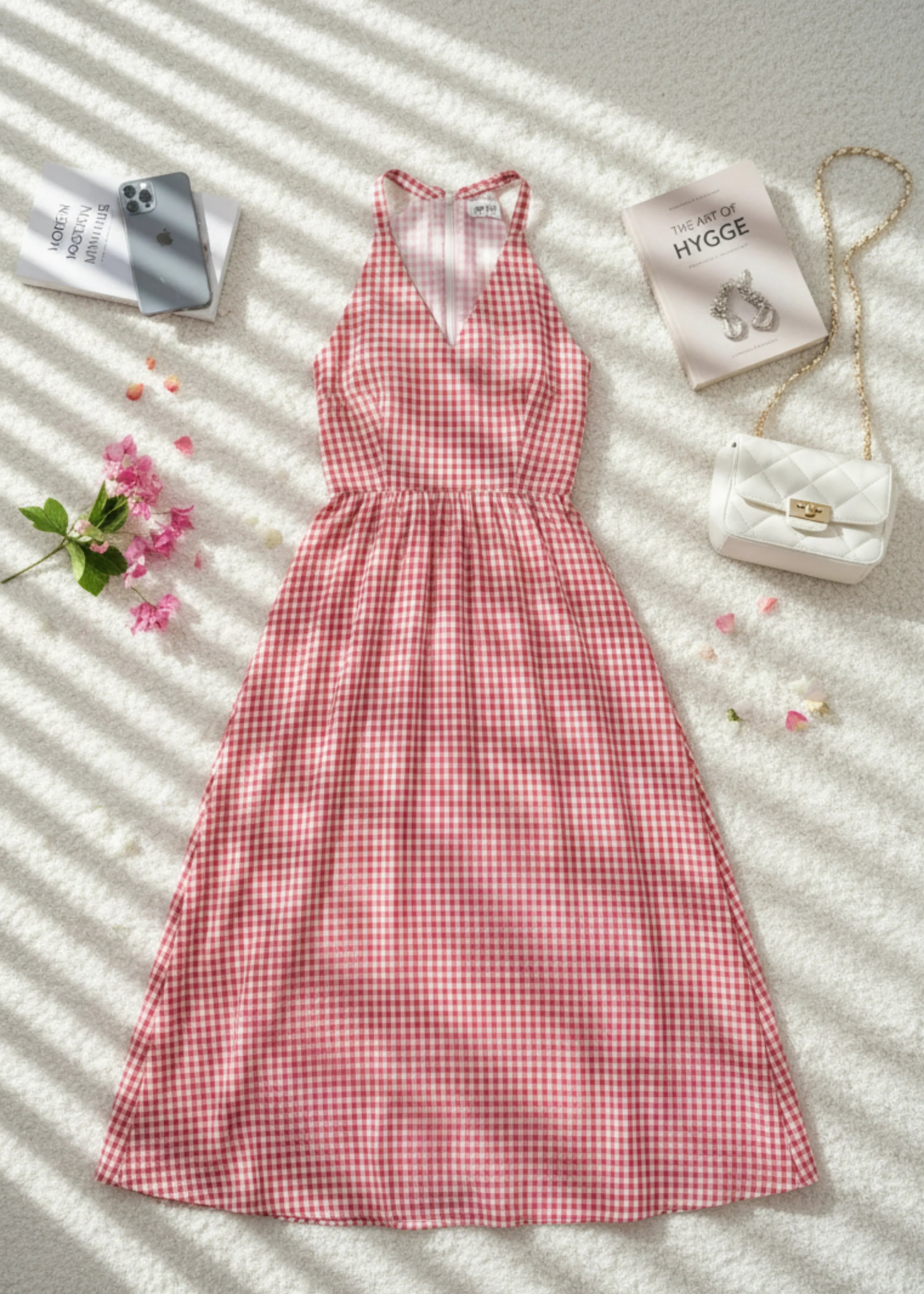 Retro Red Gingham Halter Neck Midi Dress in Vintage Fit and Flare Style