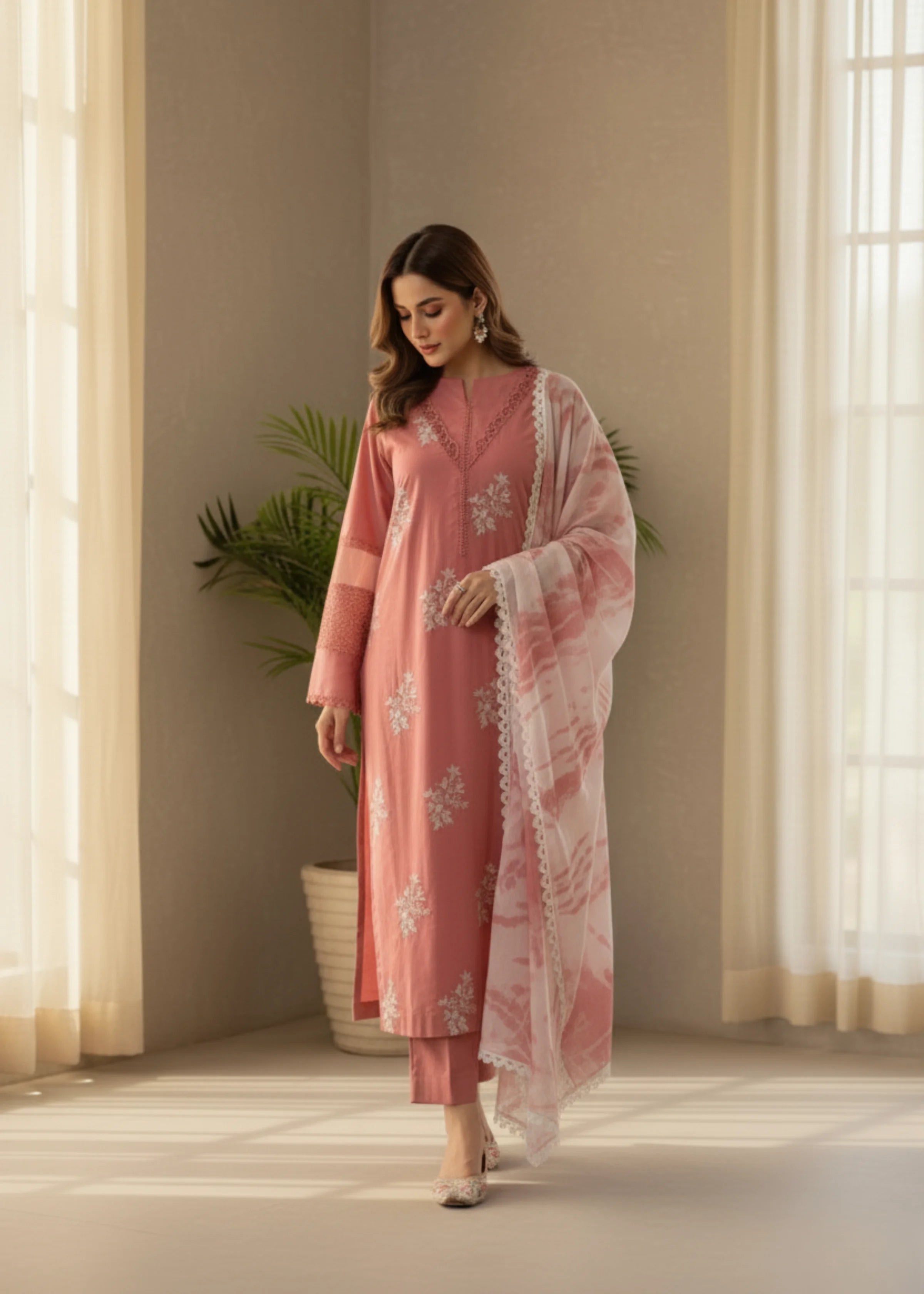 Rose Pink Roman Pakistani Silk Embroidered Suit with Chiffon Dupatta
