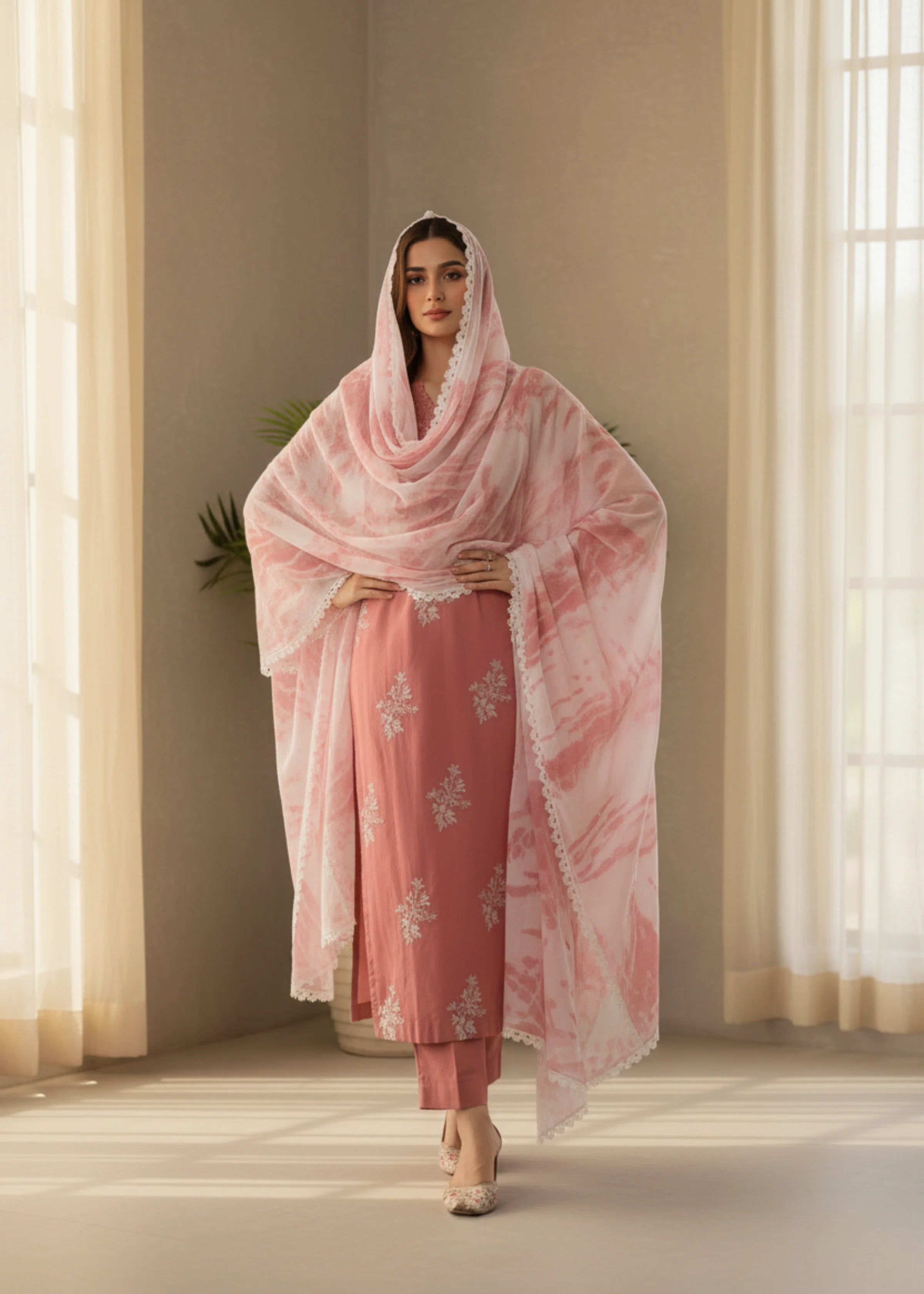 Rose Pink Roman Pakistani Silk Embroidered Suit with Chiffon Dupatta