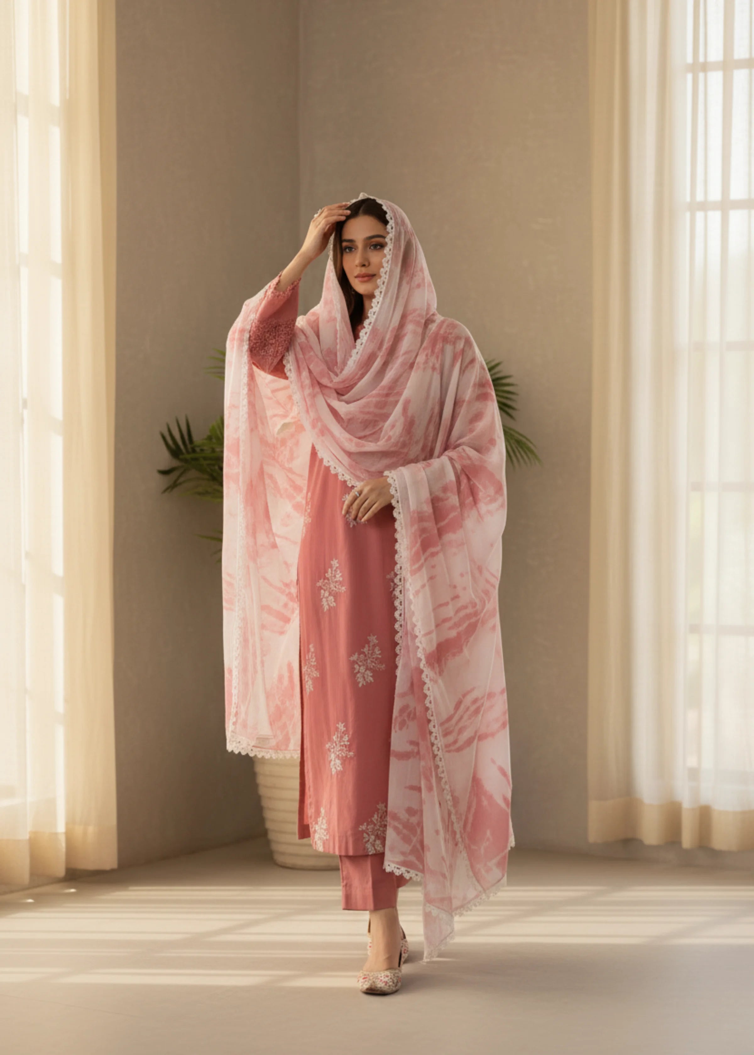 Rose Pink Roman Pakistani Silk Embroidered Suit with Chiffon Dupatta