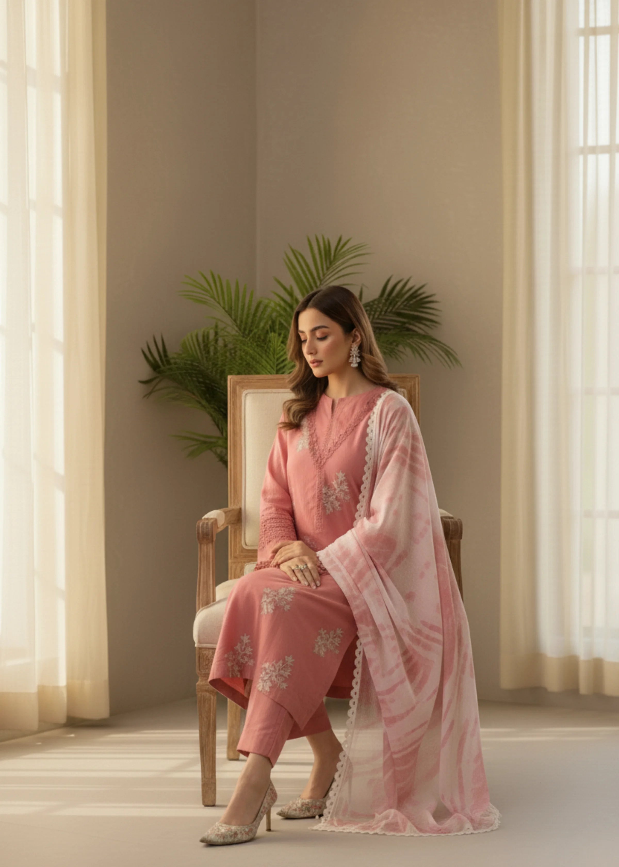 Rose Pink Roman Pakistani Silk Embroidered Suit with Chiffon Dupatta