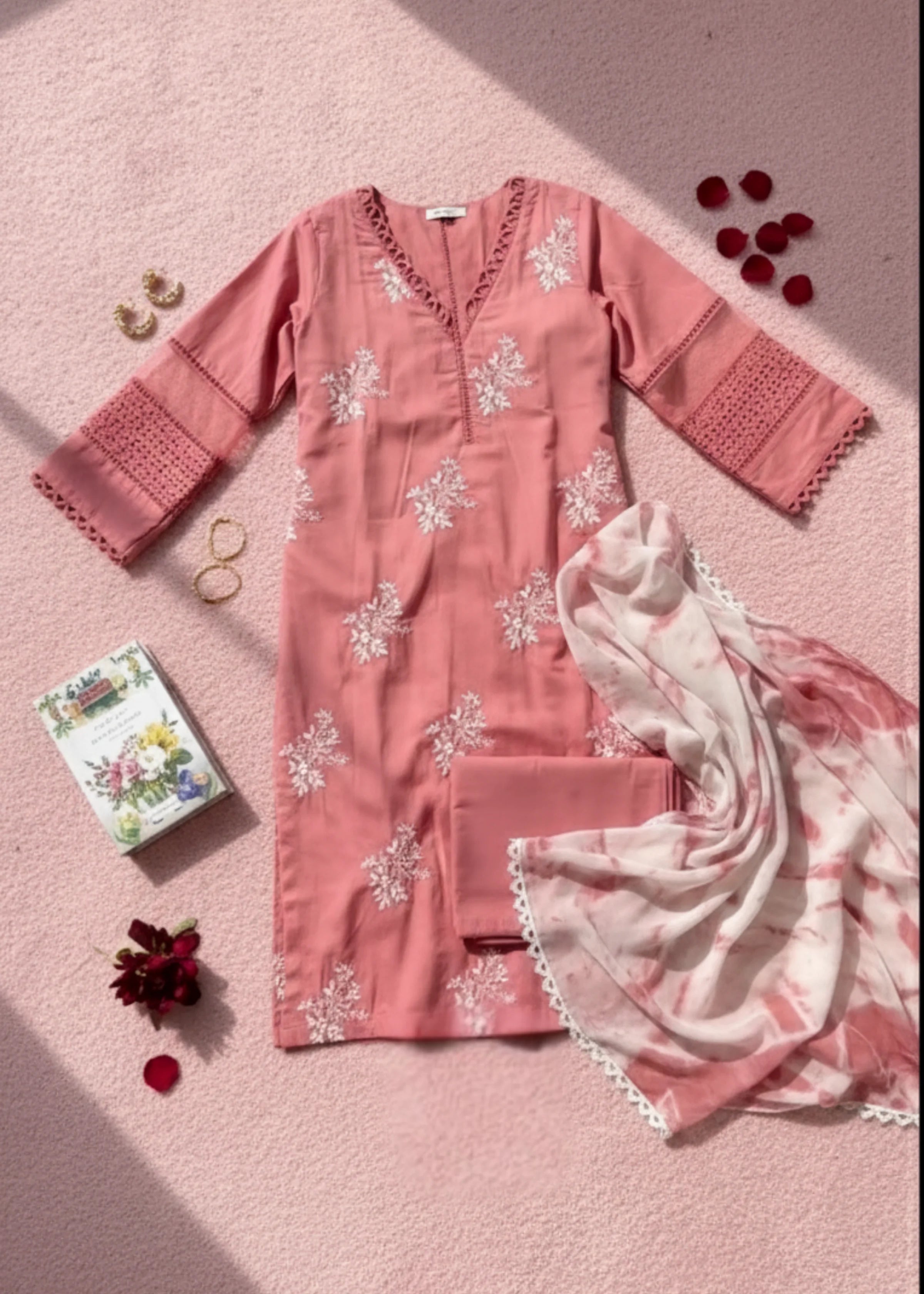 Rose Pink Roman Pakistani Silk Embroidered Suit with Chiffon Dupatta