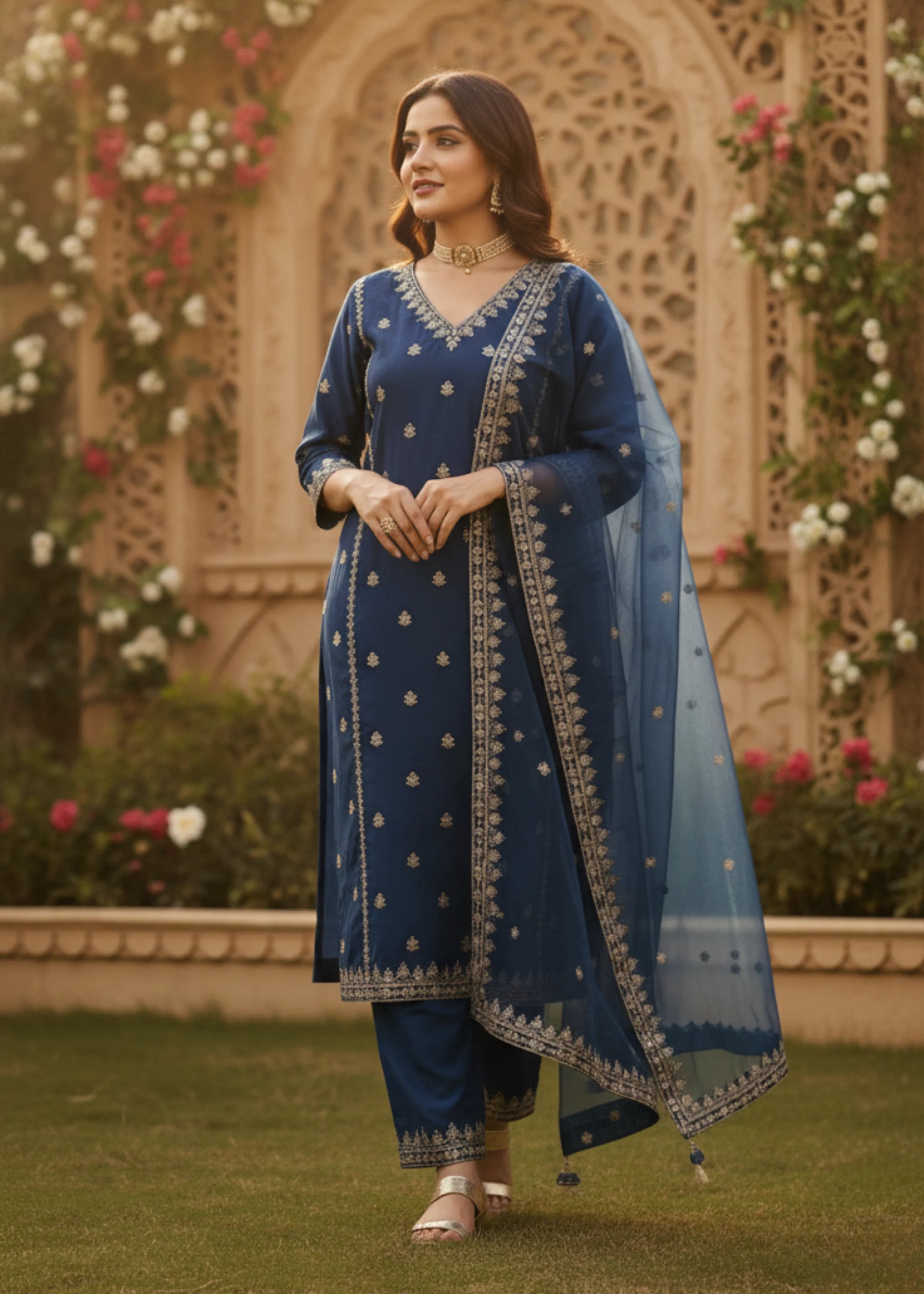 Royal Blue Cotton Suit Set with Sequins and Zari Work