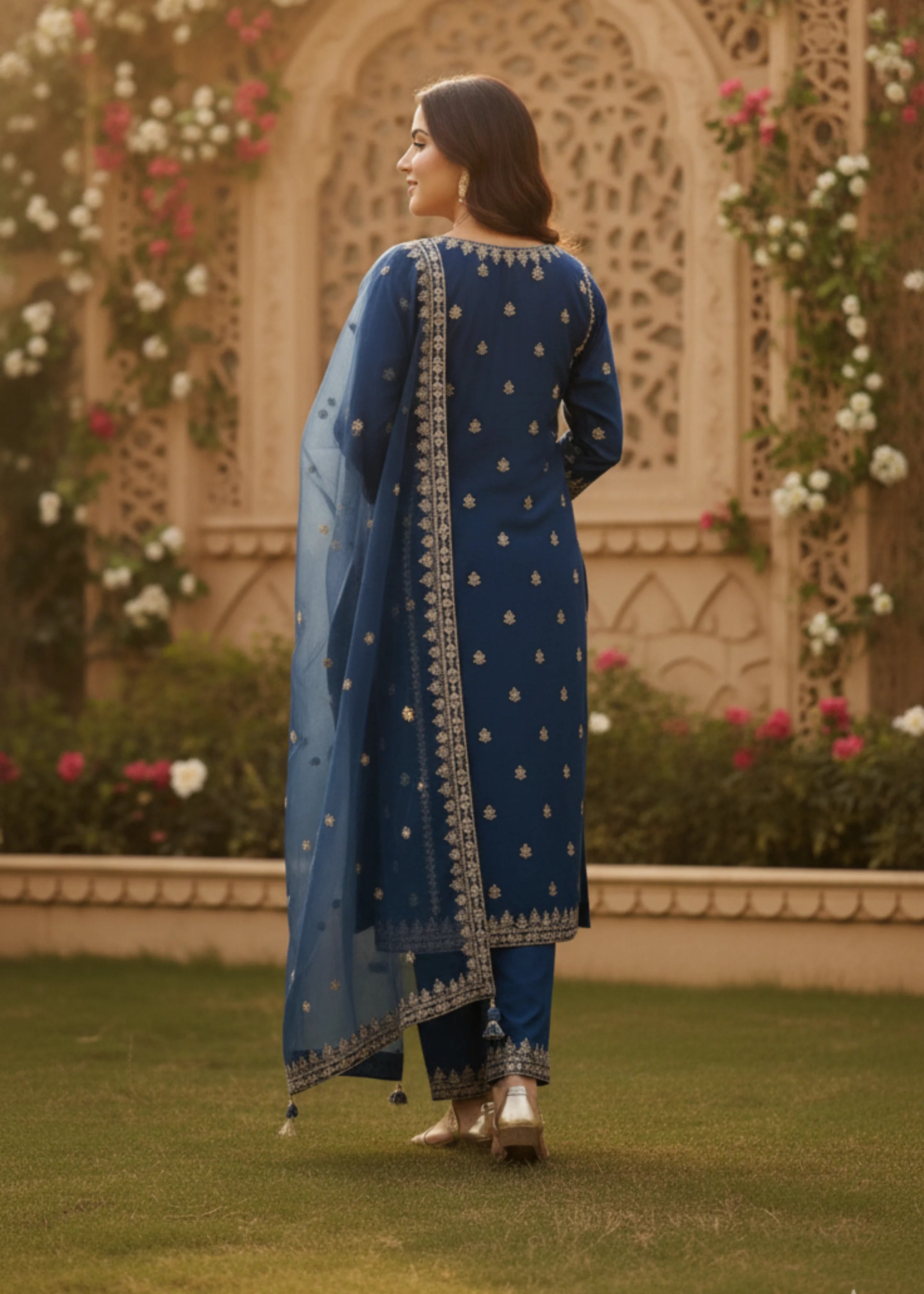 Royal Blue Cotton Suit Set with Sequins and Zari Work