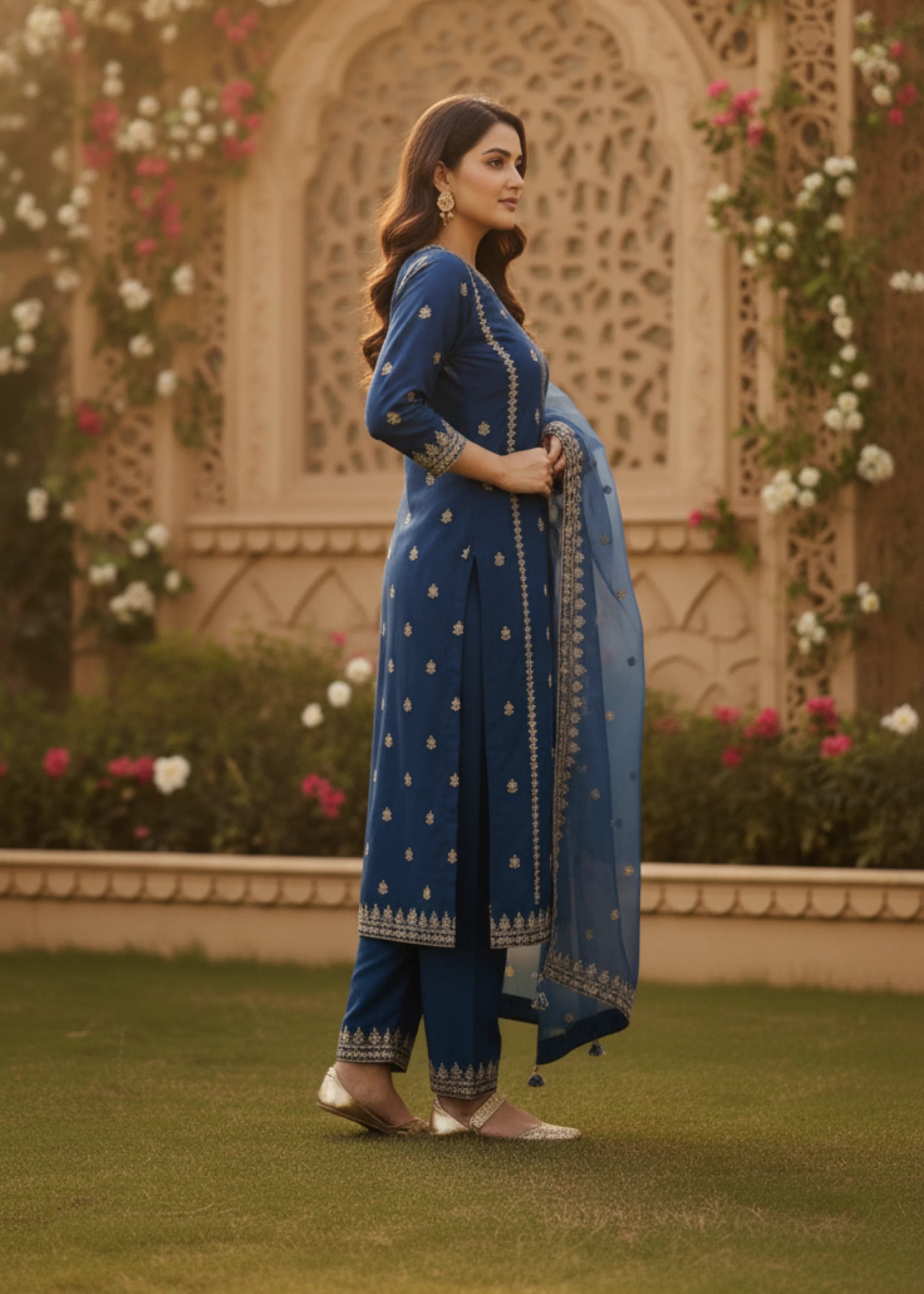 Royal Blue Cotton Suit Set with Sequins and Zari Work