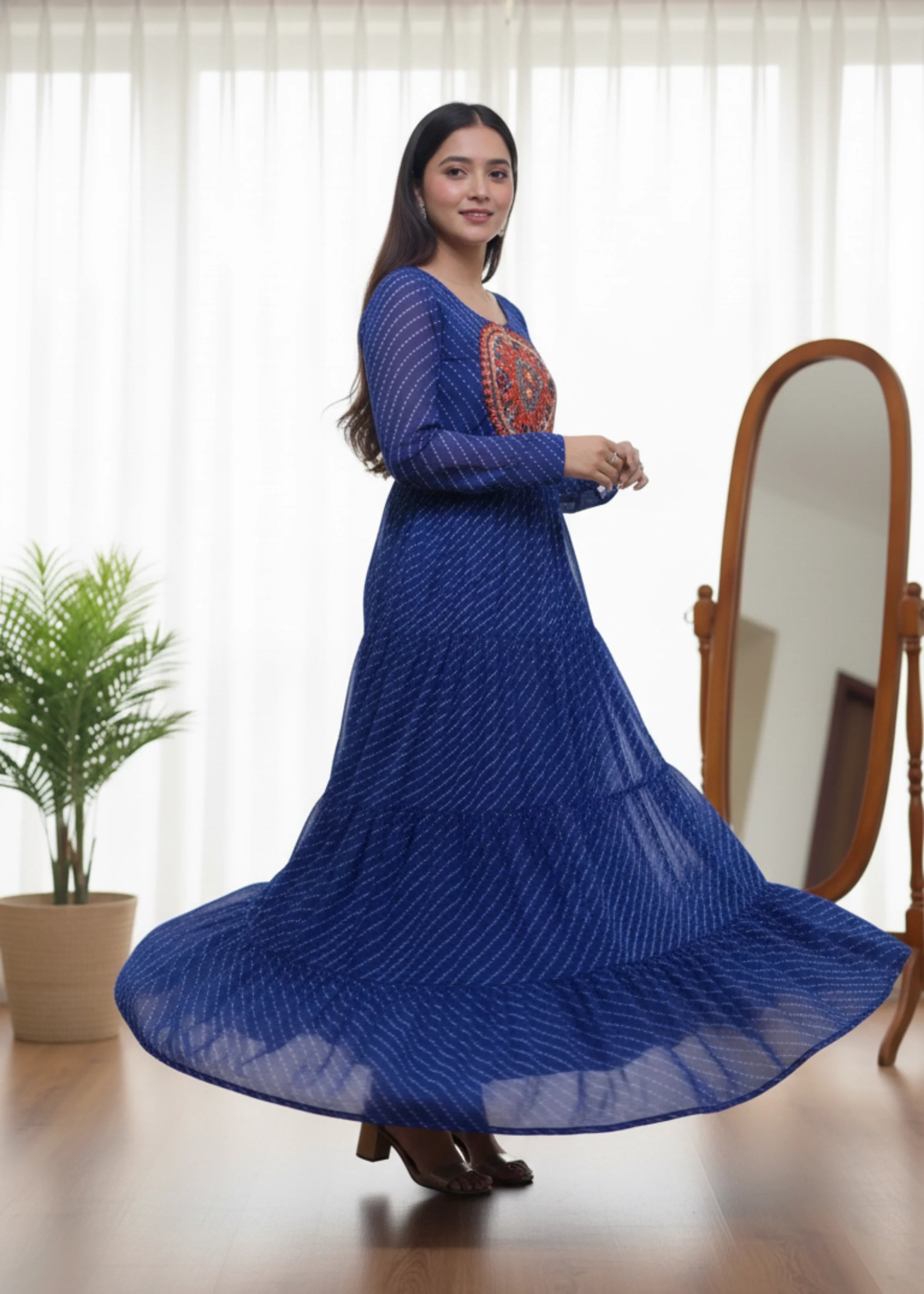 Royal Blue Georgette Laheriya Print Anarkali Gown with Mirror Work Yoke Fully Stitched Party & Festive Wear