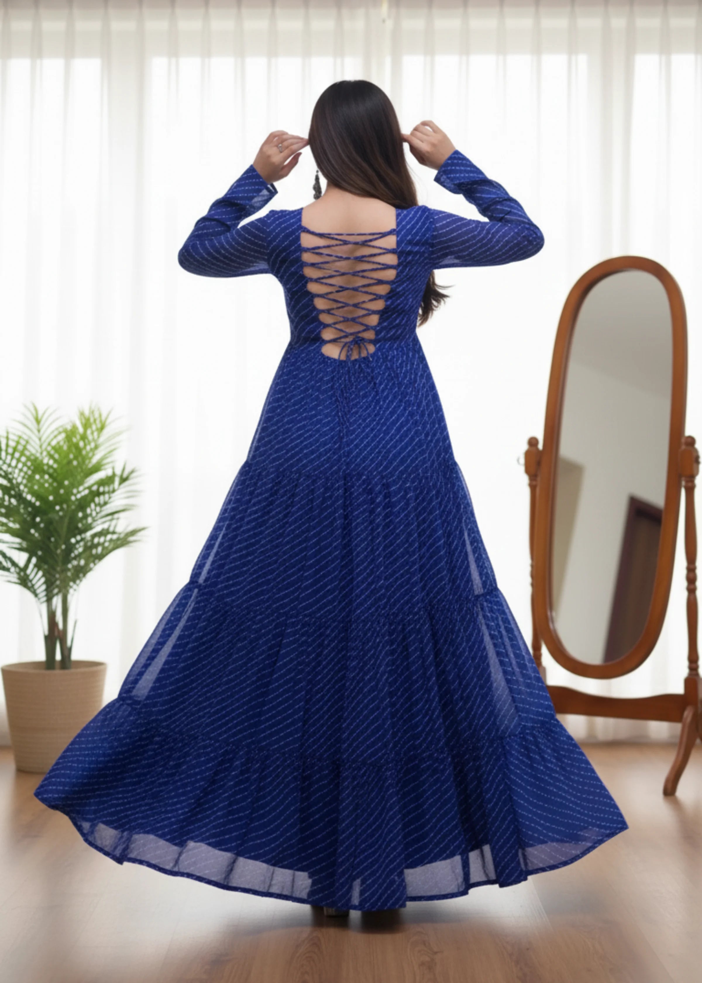 Royal Blue Georgette Laheriya Print Anarkali Gown with Mirror Work Yoke Fully Stitched Party & Festive Wear