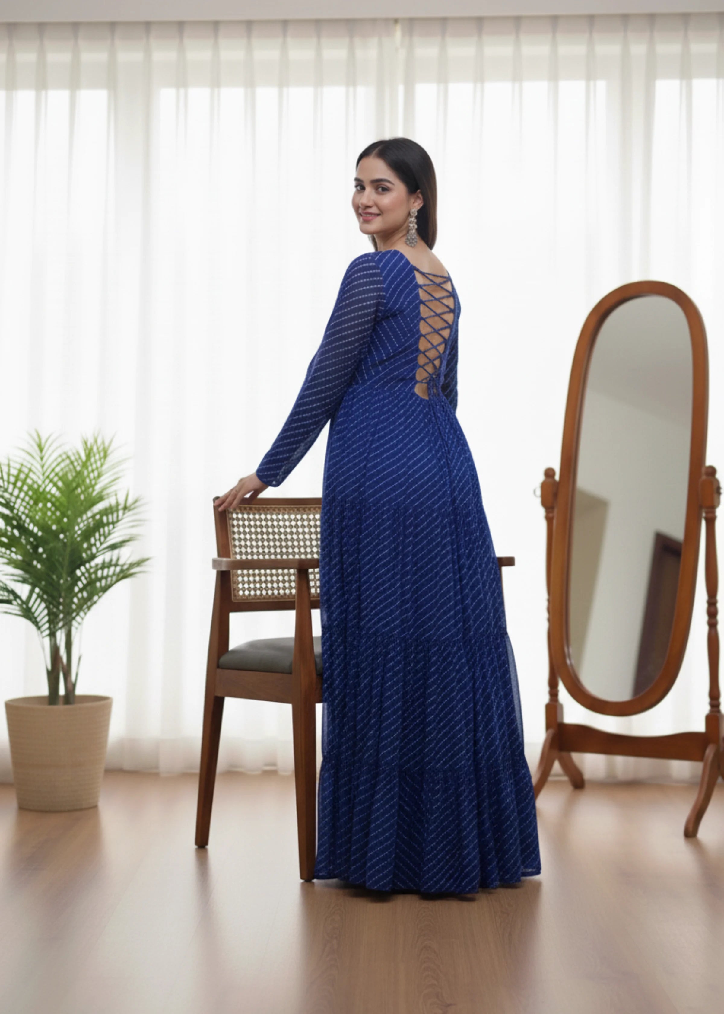 Royal Blue Georgette Laheriya Print Anarkali Gown with Mirror Work Yoke Fully Stitched Party & Festive Wear