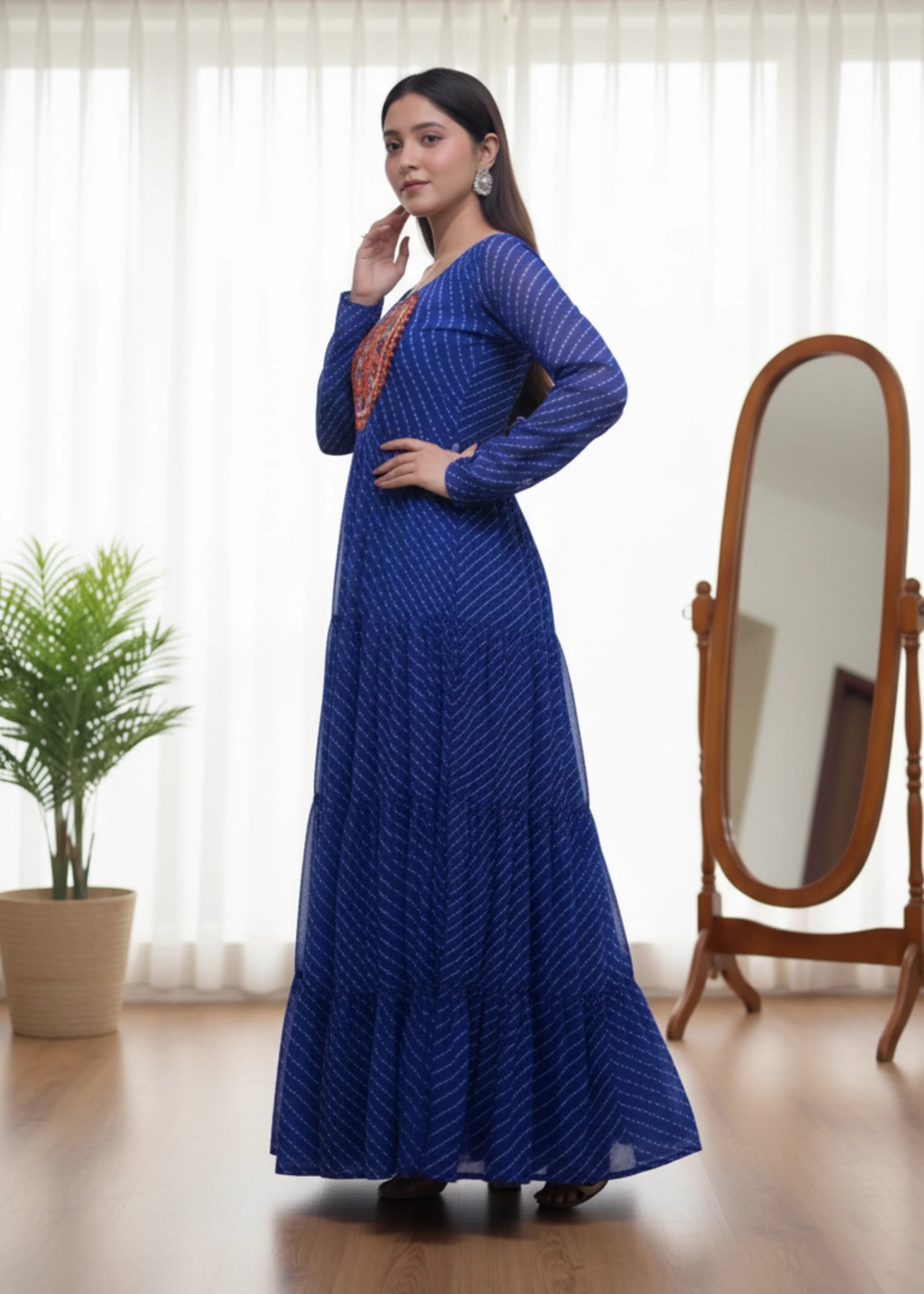 Royal Blue Georgette Laheriya Print Anarkali Gown with Mirror Work Yoke Fully Stitched Party & Festive Wear