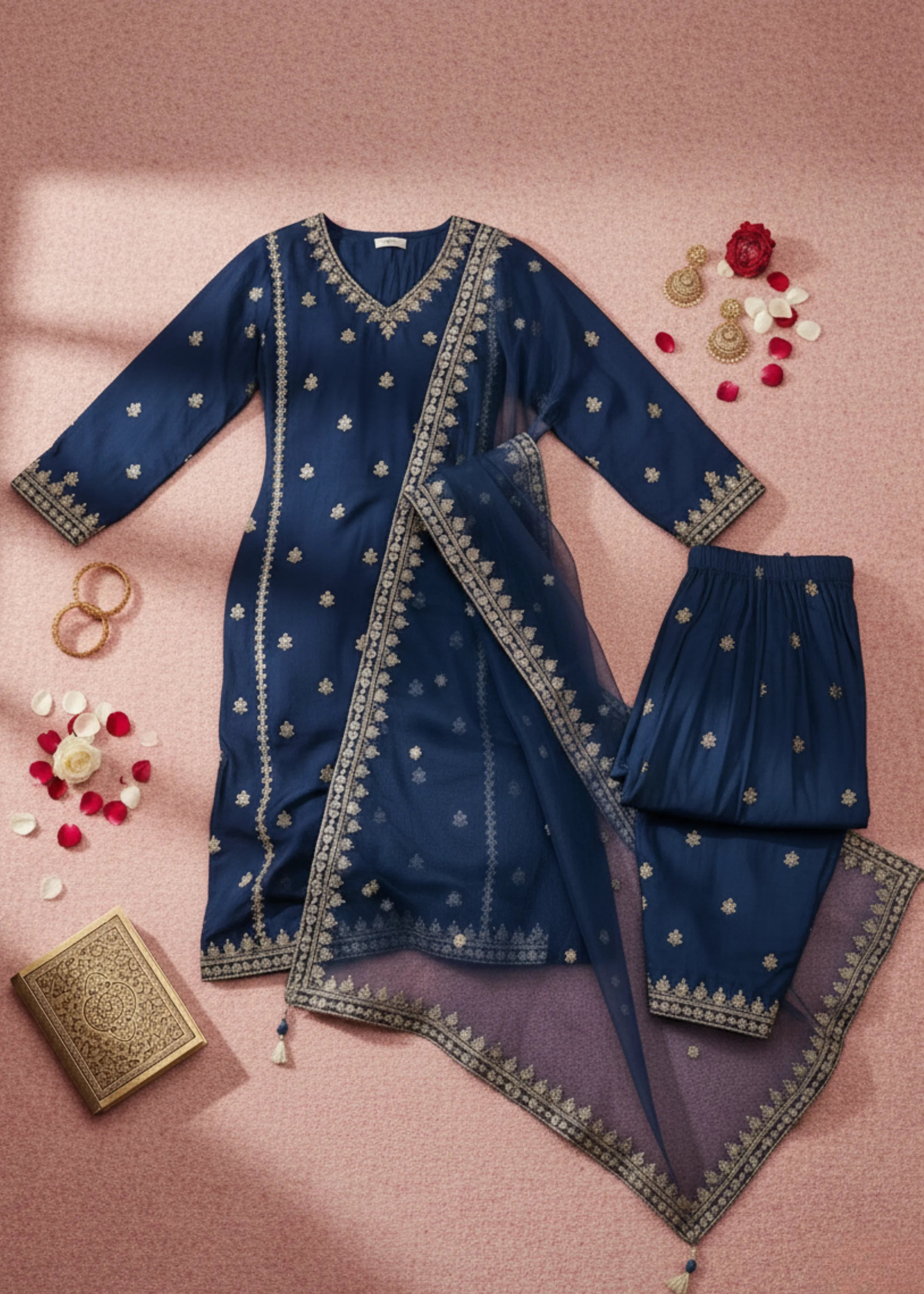 Royal Blue Cotton Suit Set with Sequins and Zari Work