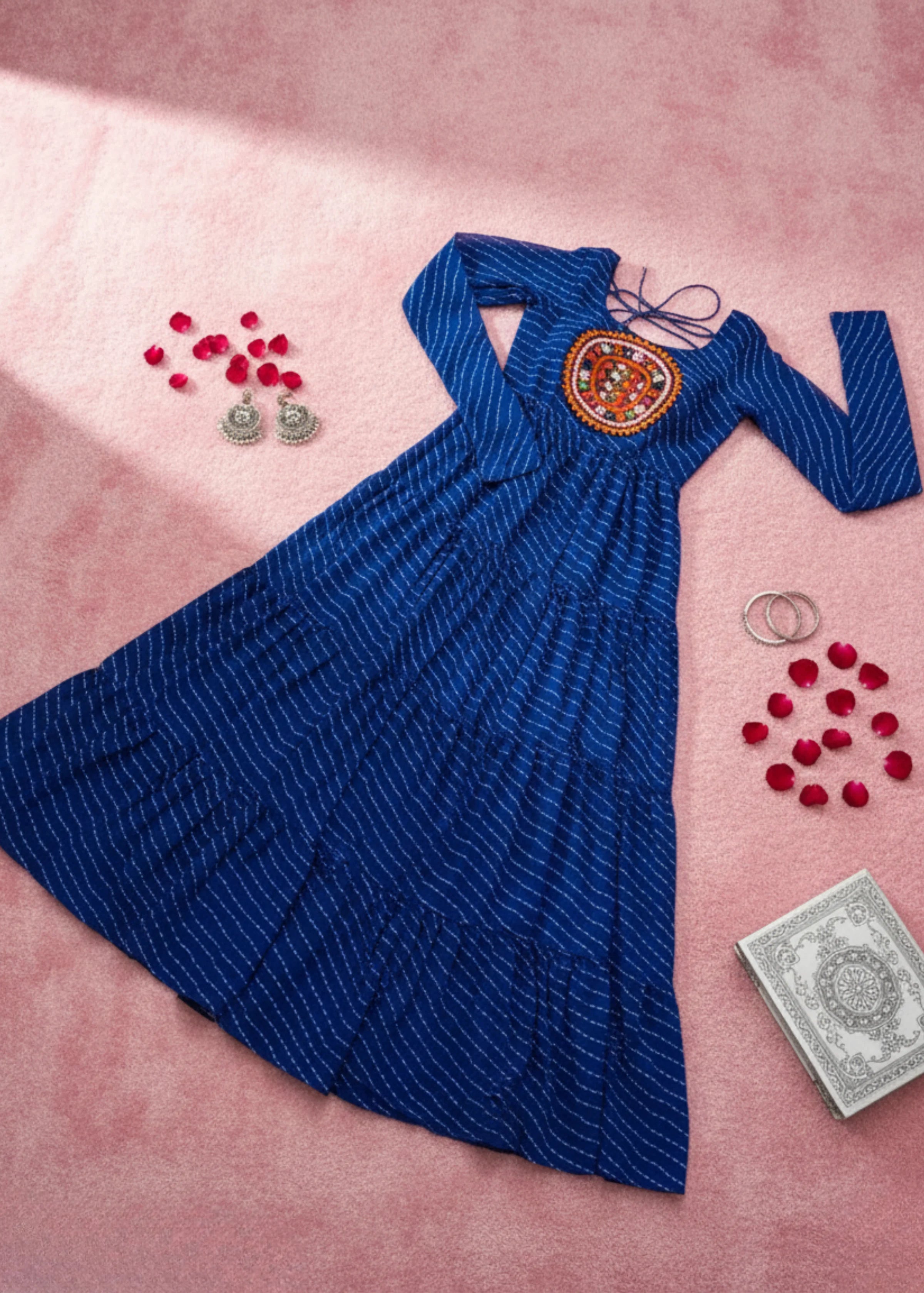 Royal Blue Georgette Laheriya Print Anarkali Gown with Mirror Work Yoke Fully Stitched Party & Festive Wear