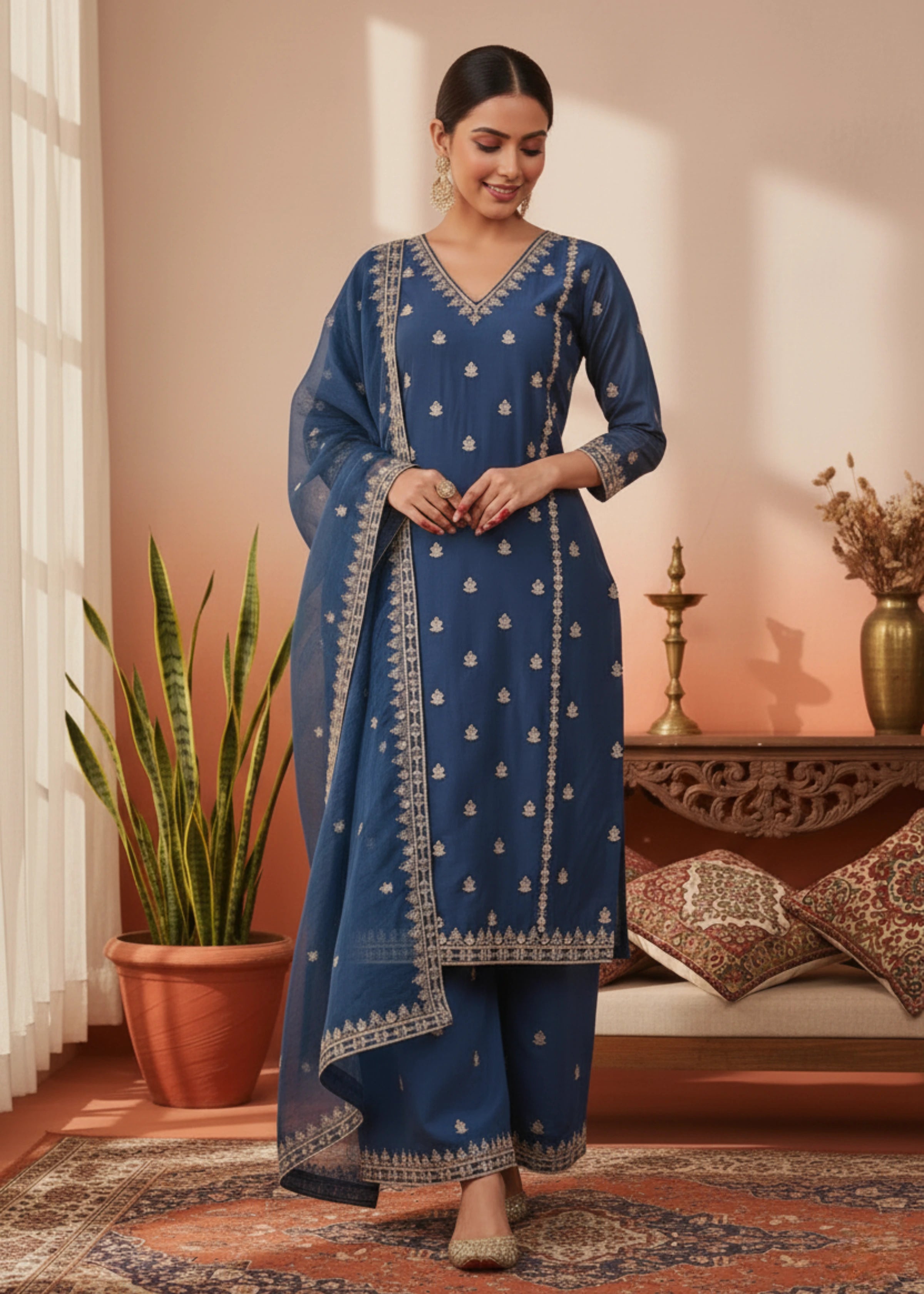 Royal Blue Suit Set with Sequins and Zari Work