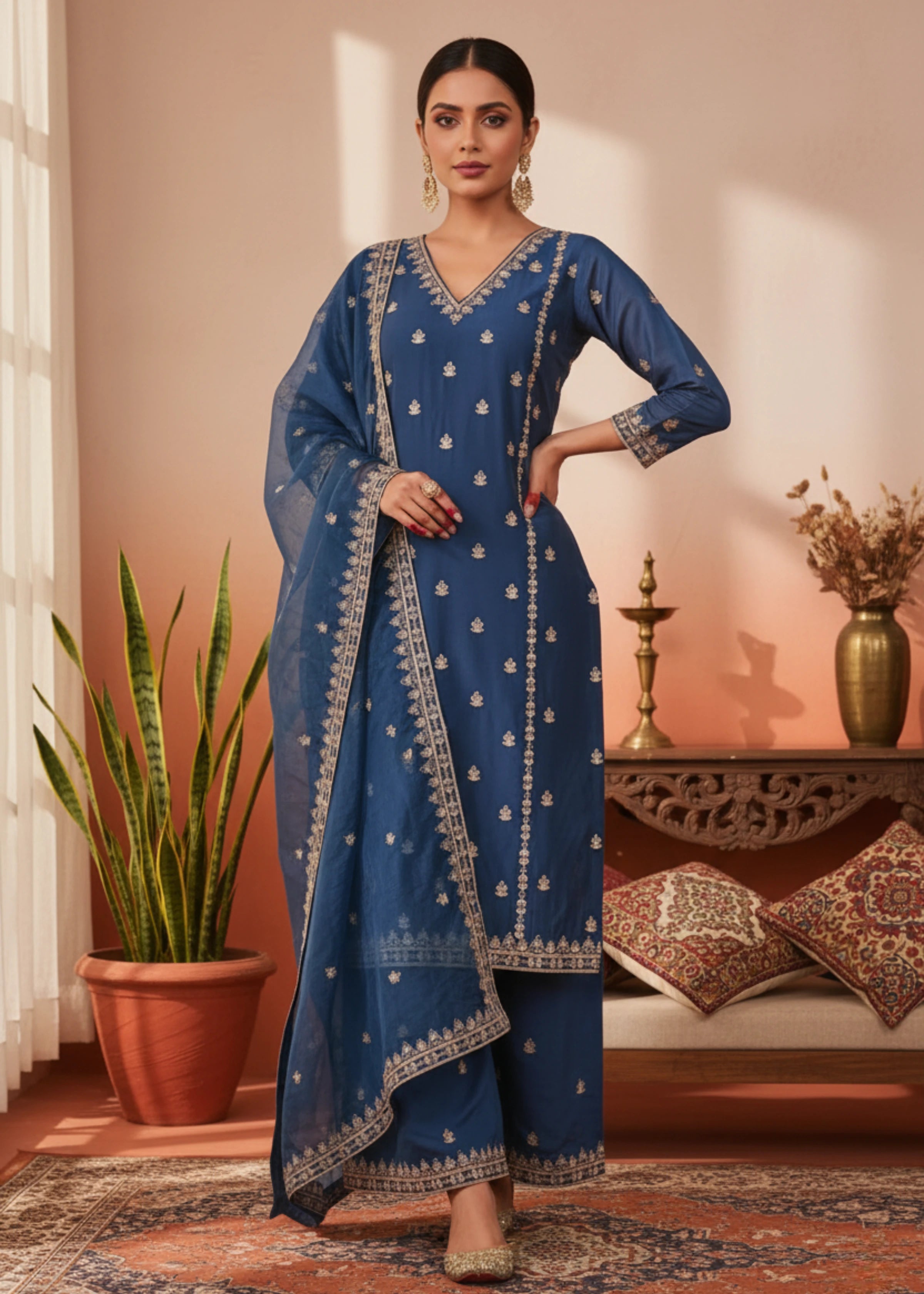 Royal Blue Suit Set with Sequins and Zari Work