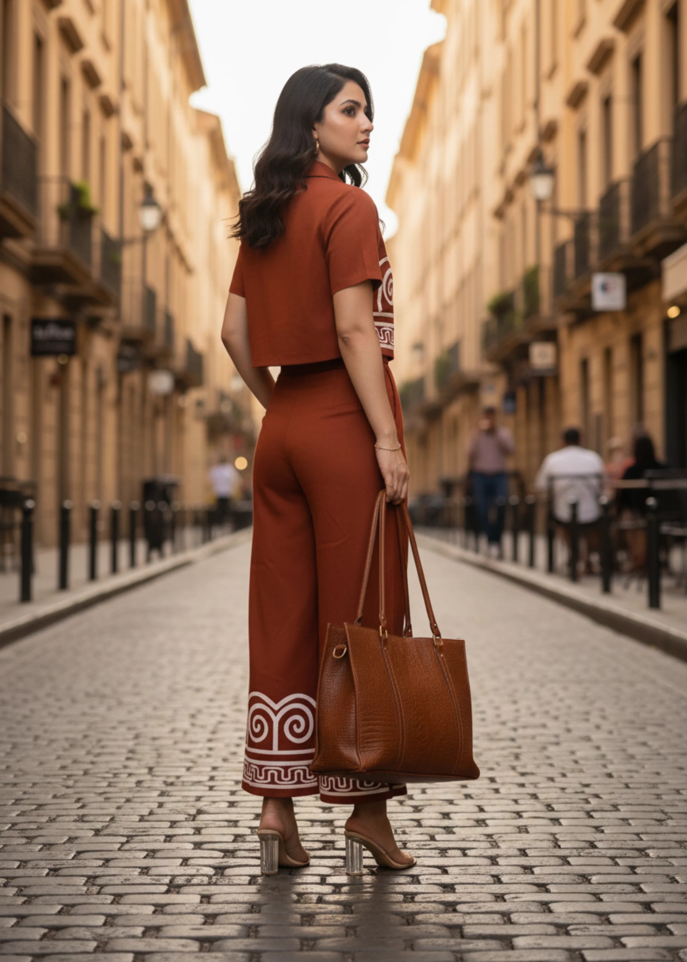Rust Orange Embroidered Cotton Co-ord Set with Collared Top And Palazzo Pants