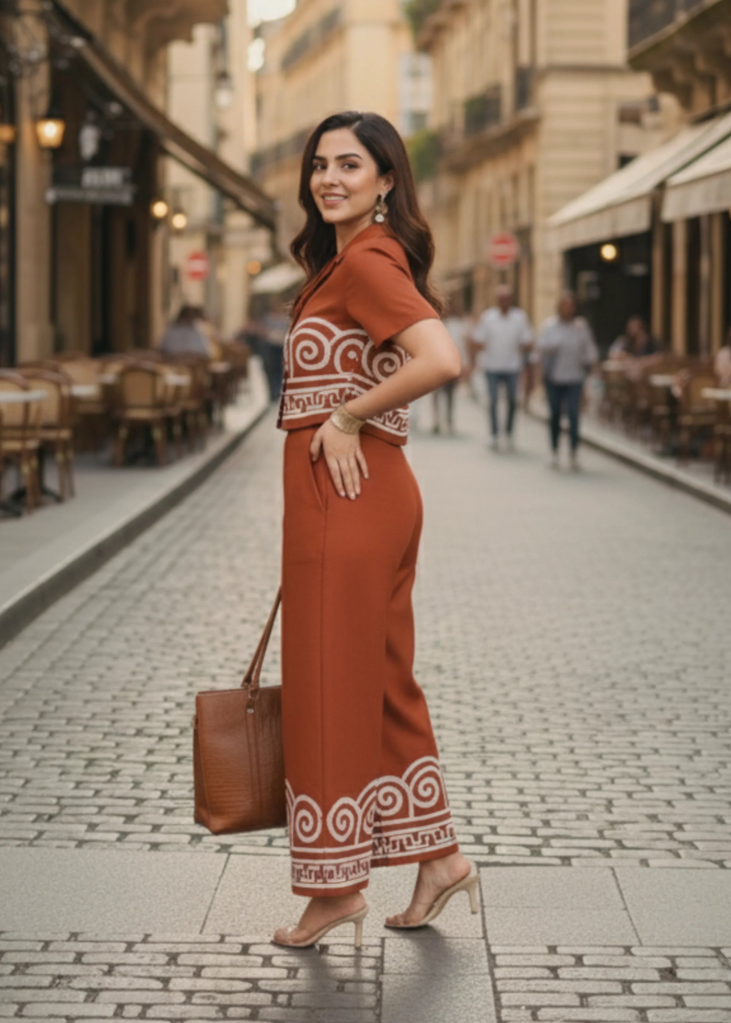 Rust Orange Embroidered Cotton Co-ord Set with Collared Top And Palazzo Pants