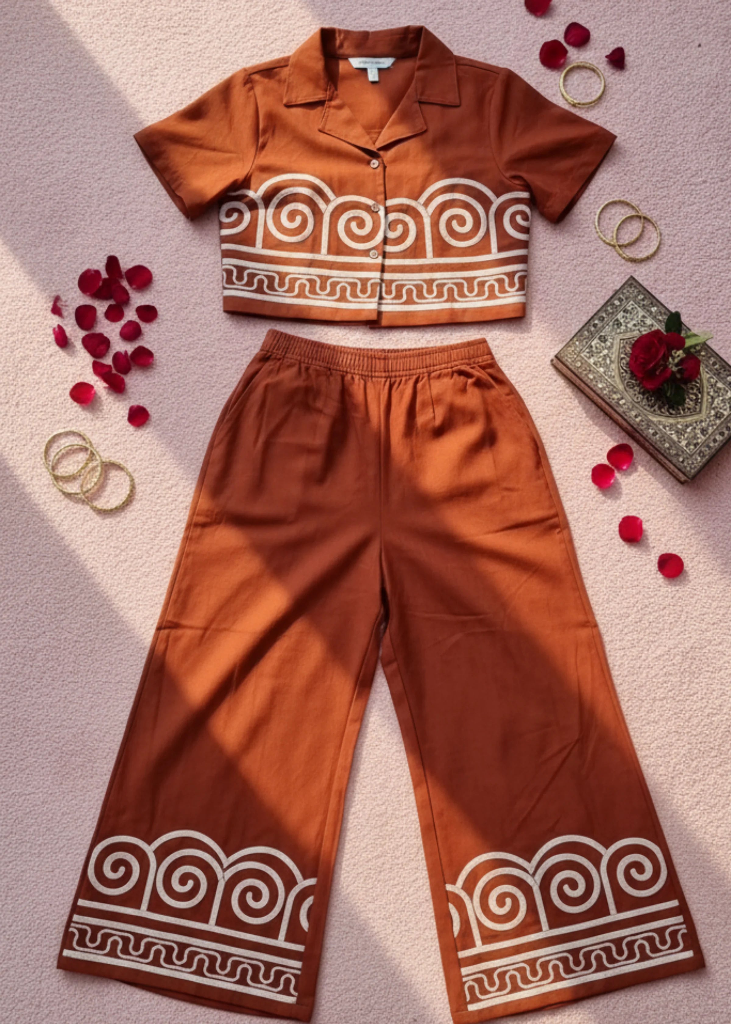 Rust Orange Embroidered Cotton Co-ord Set with Collared Top And Palazzo Pants