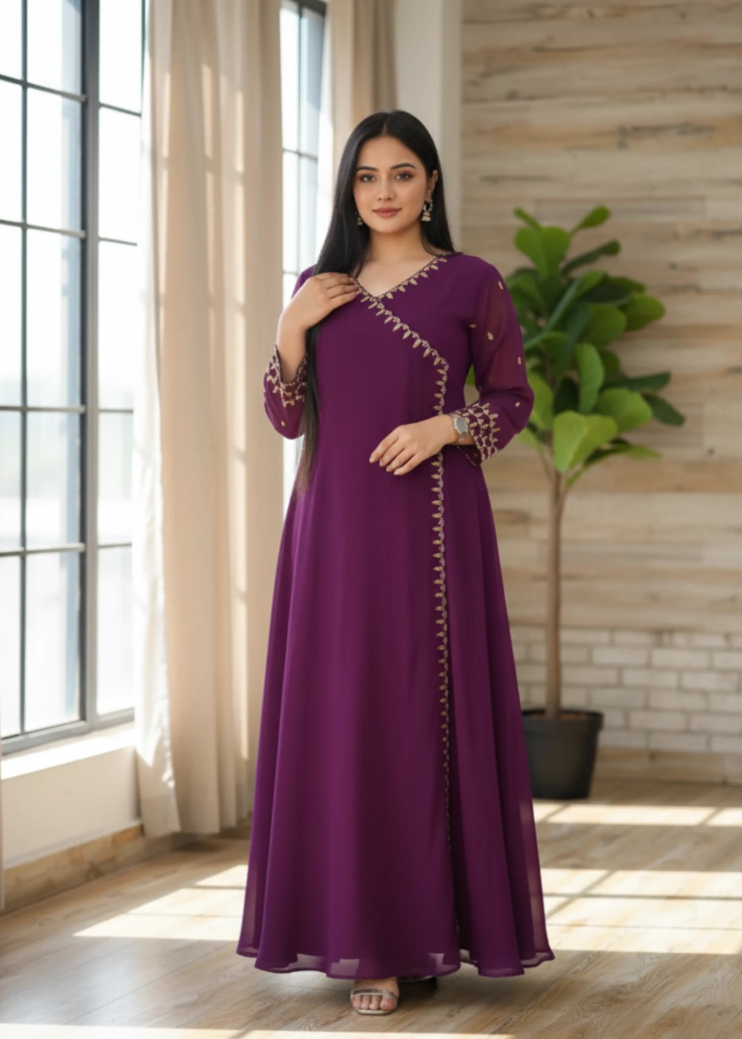 Stylish Georgette Wine Gown Dupatta Set Perfect for Parties & Festive Occasions