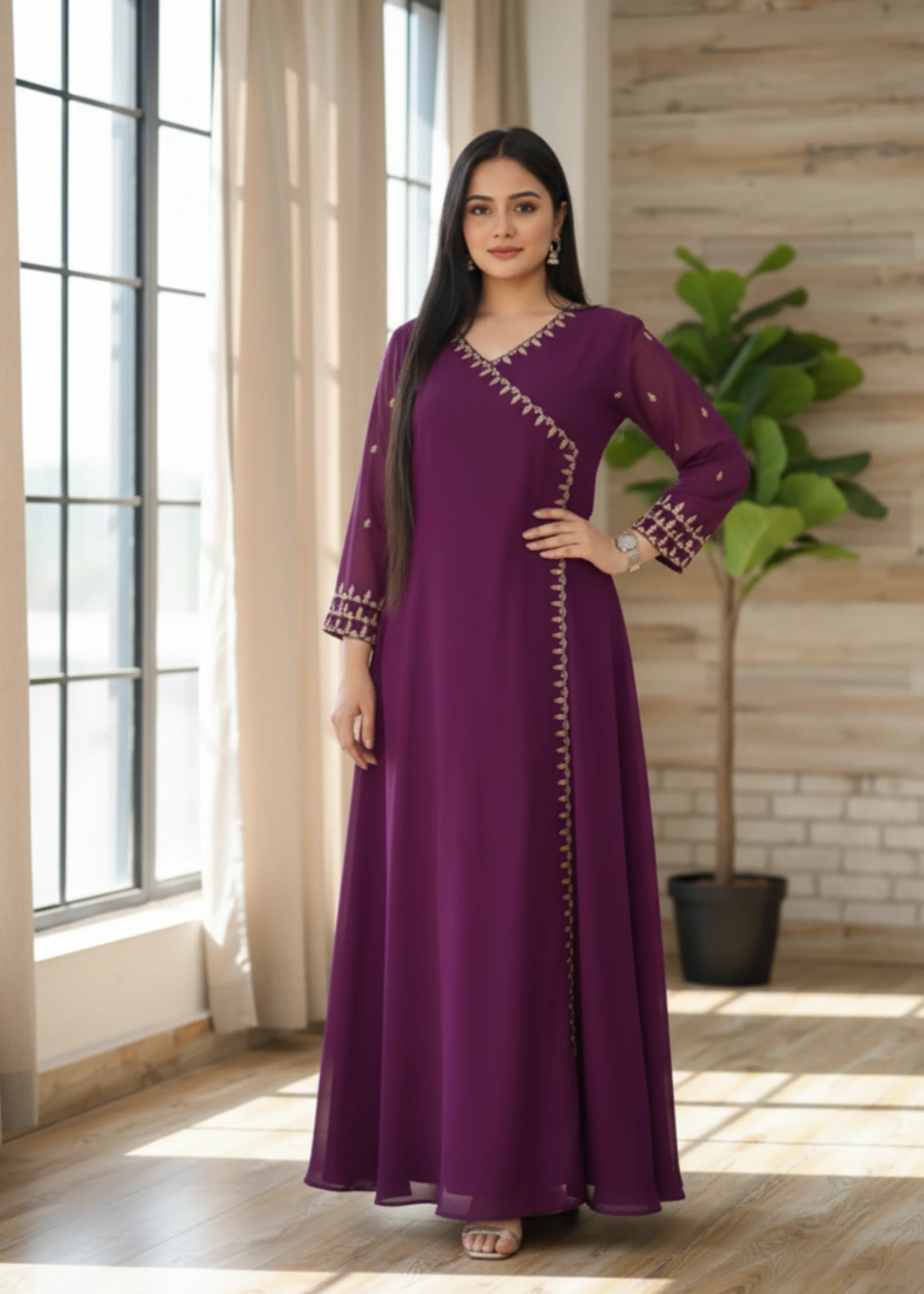 Stylish Georgette Wine Gown Dupatta Set Perfect for Parties & Festive Occasions