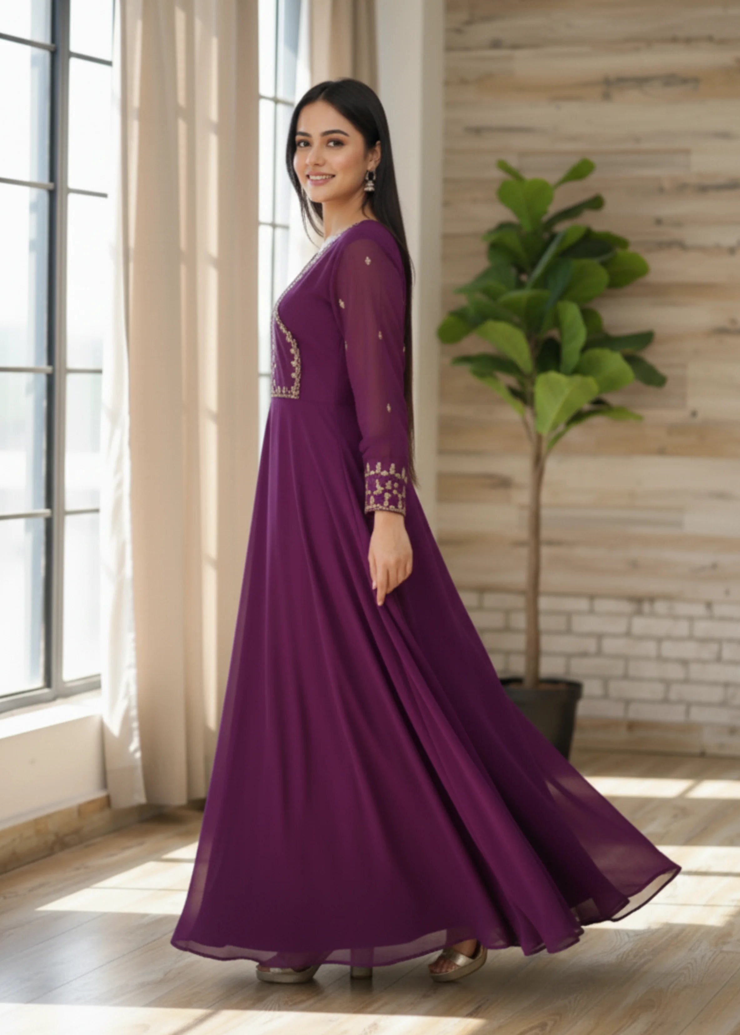 Stylish Georgette Wine Gown Dupatta Set Perfect for Parties & Festive Occasions