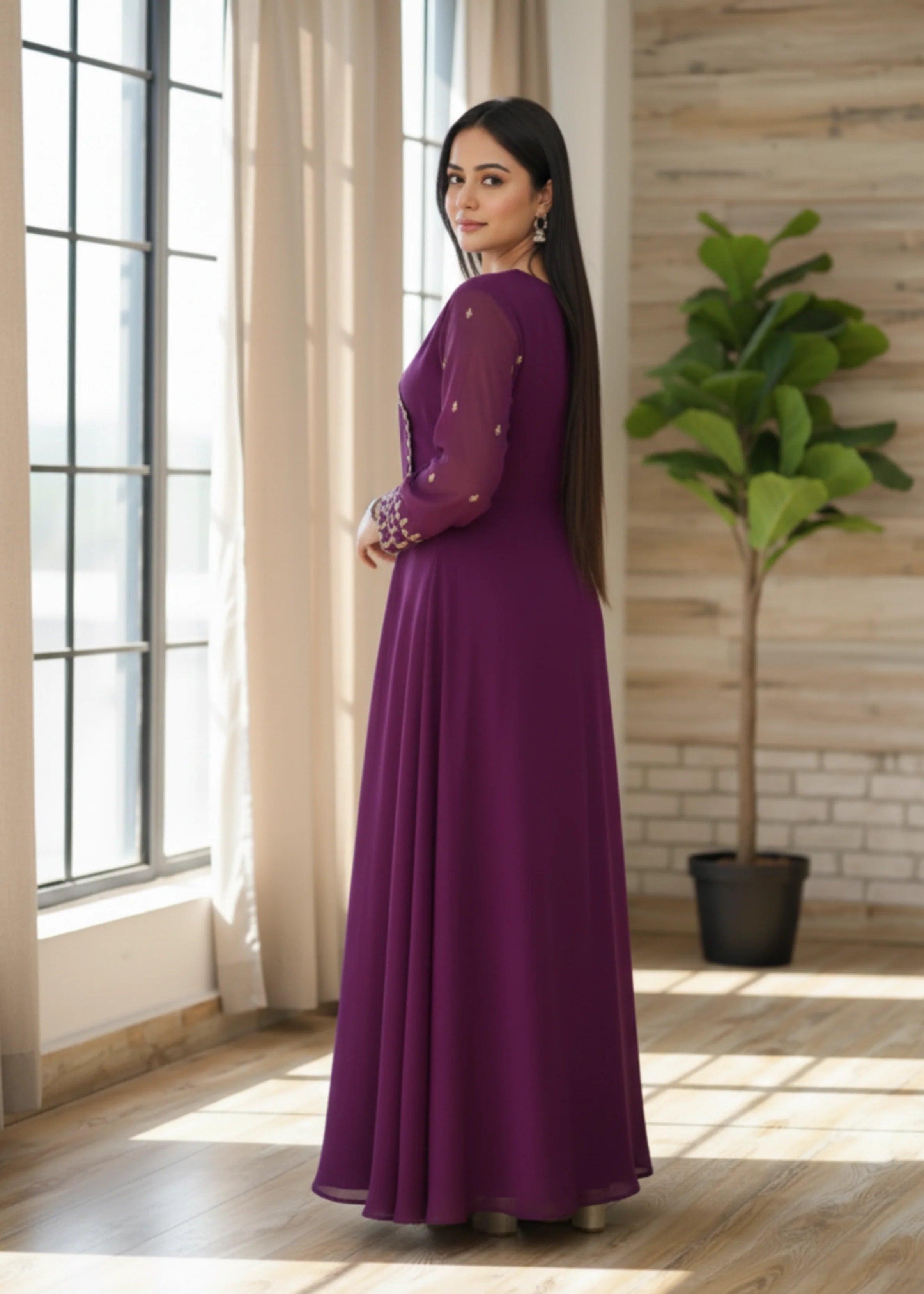 Stylish Georgette Wine Gown Dupatta Set Perfect for Parties & Festive Occasions