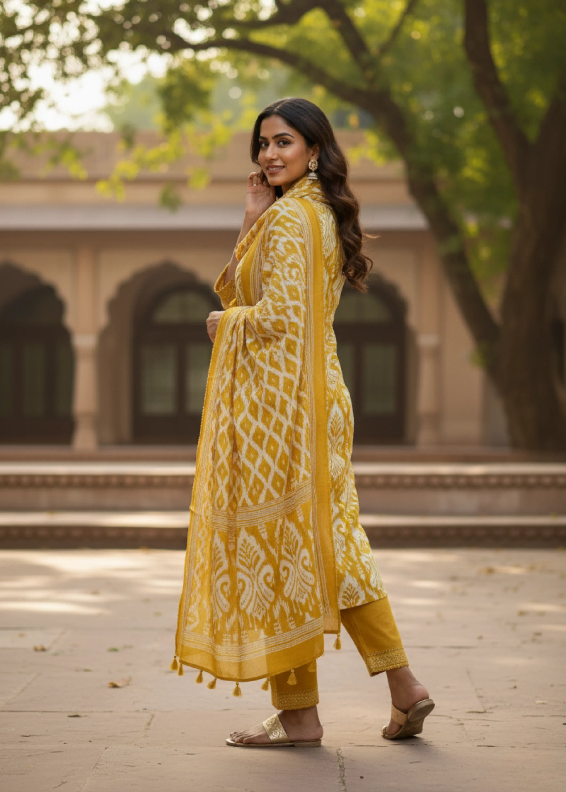 Stylish Mustard Ethnic Wear Cotton Suit Set with Dupatta
