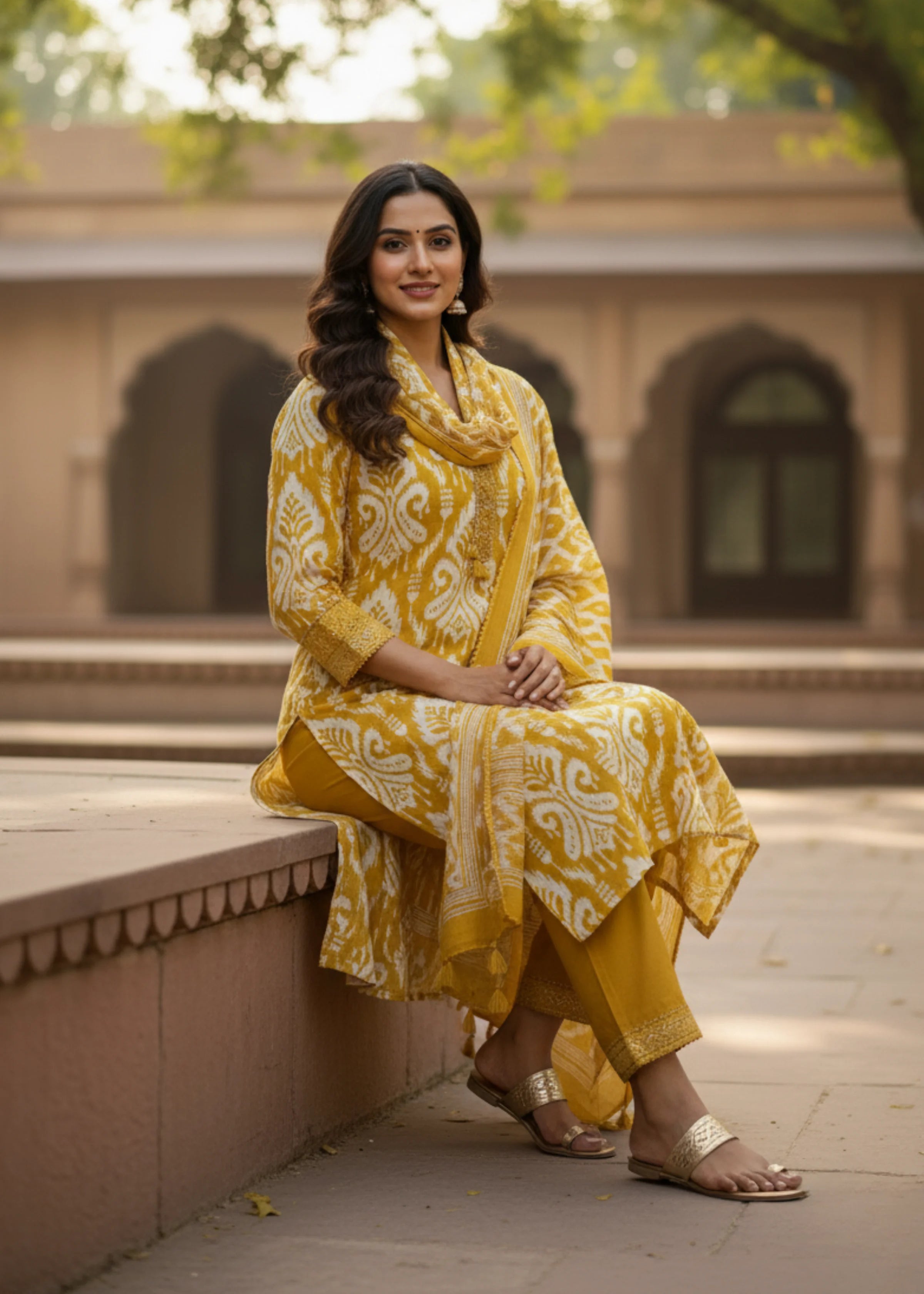 Stylish Mustard Ethnic Wear Cotton Suit Set with Dupatta