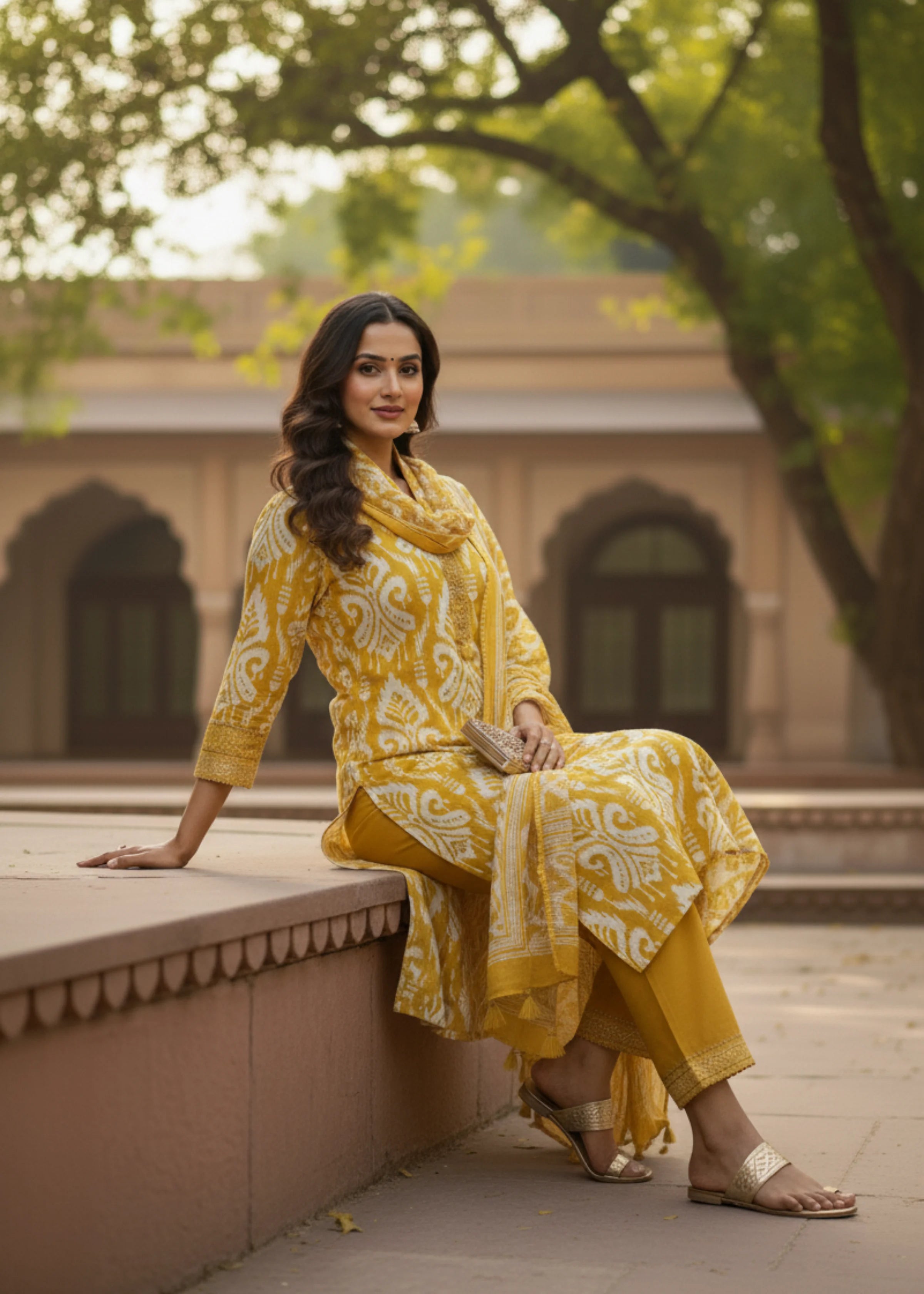 Stylish Mustard Ethnic Wear Cotton Suit Set with Dupatta