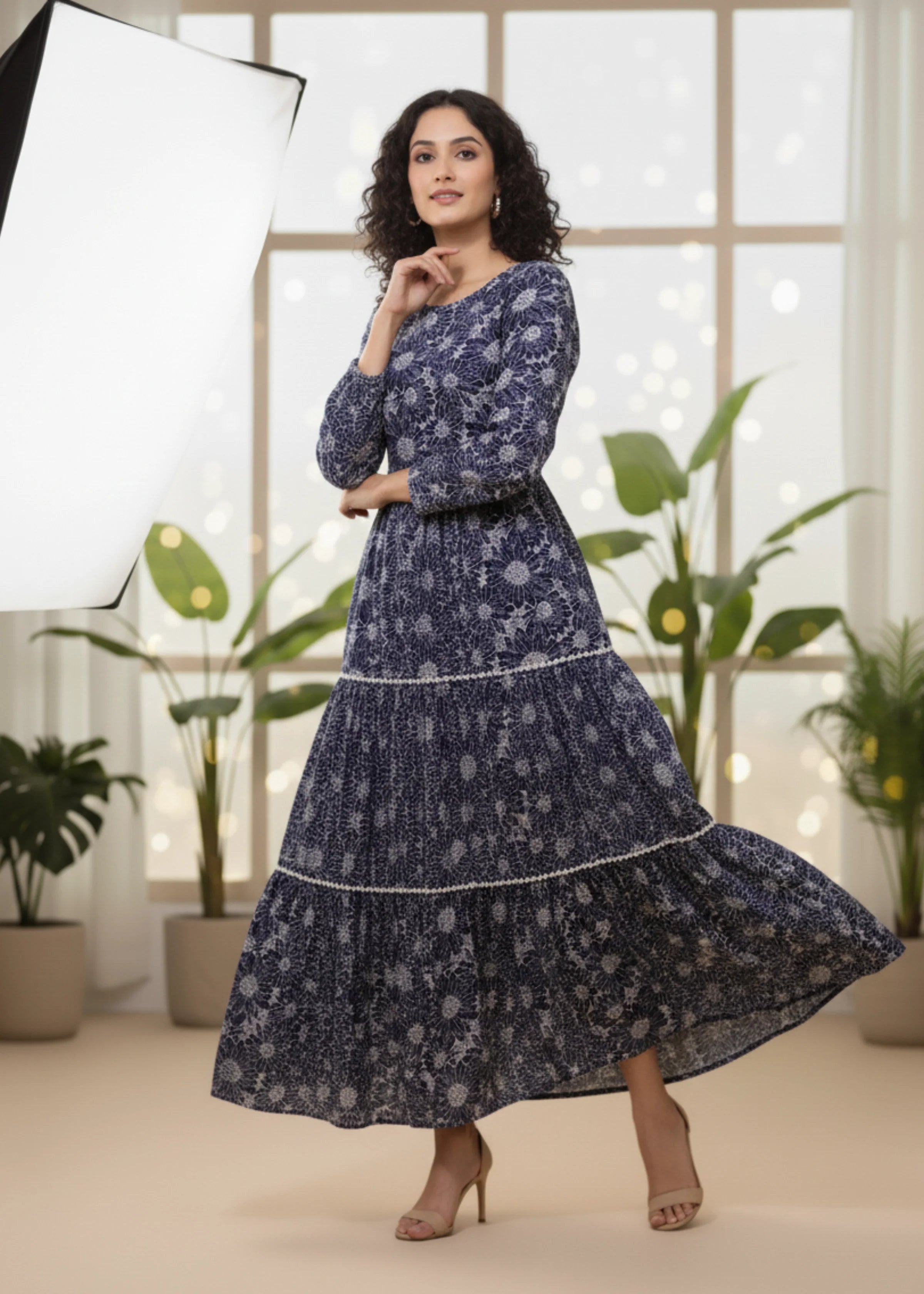 Stylish Navy Blue Printed Maxi Dress for Casual and Party Wear