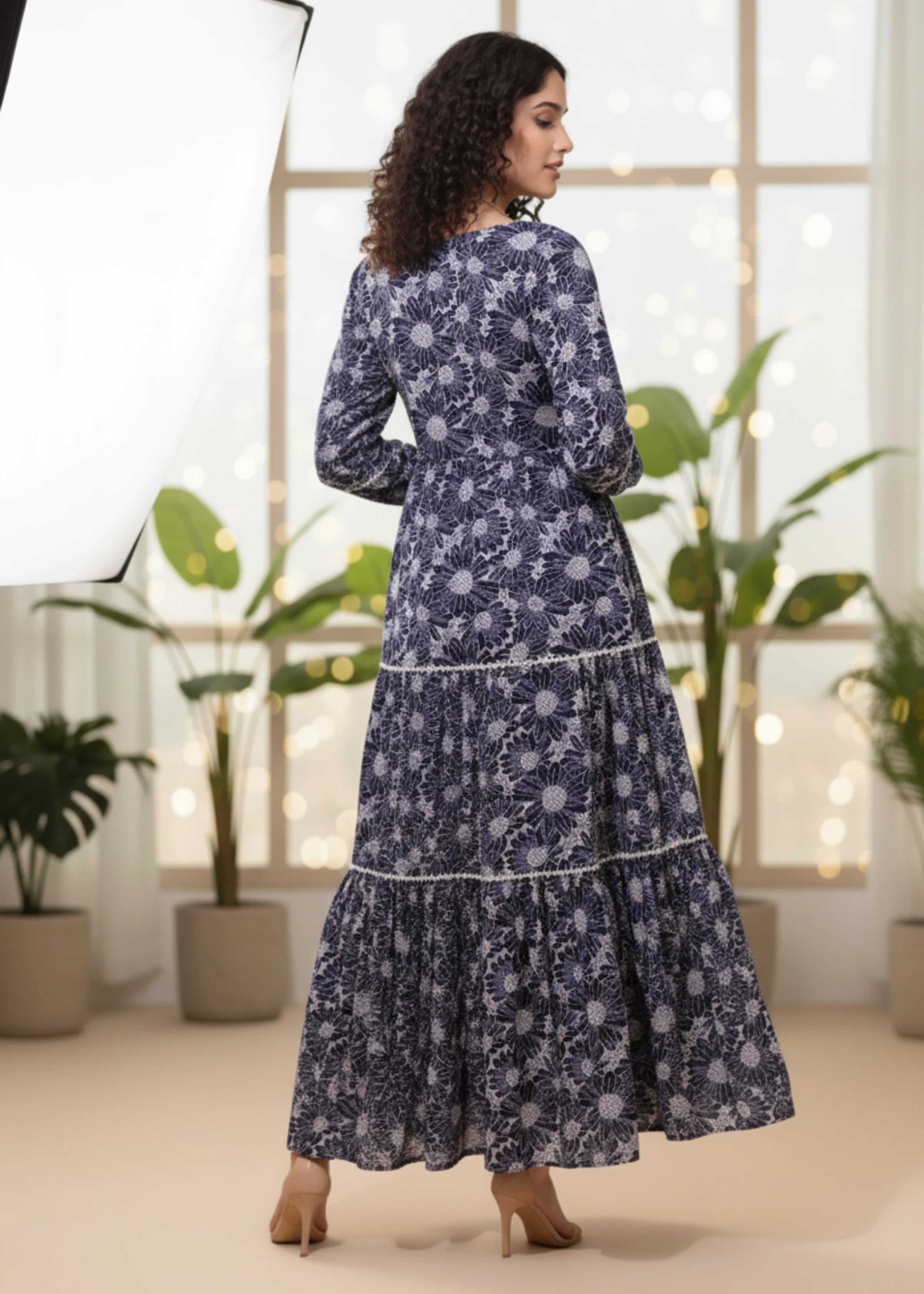 Stylish Navy Blue Printed Maxi Dress for Casual and Party Wear