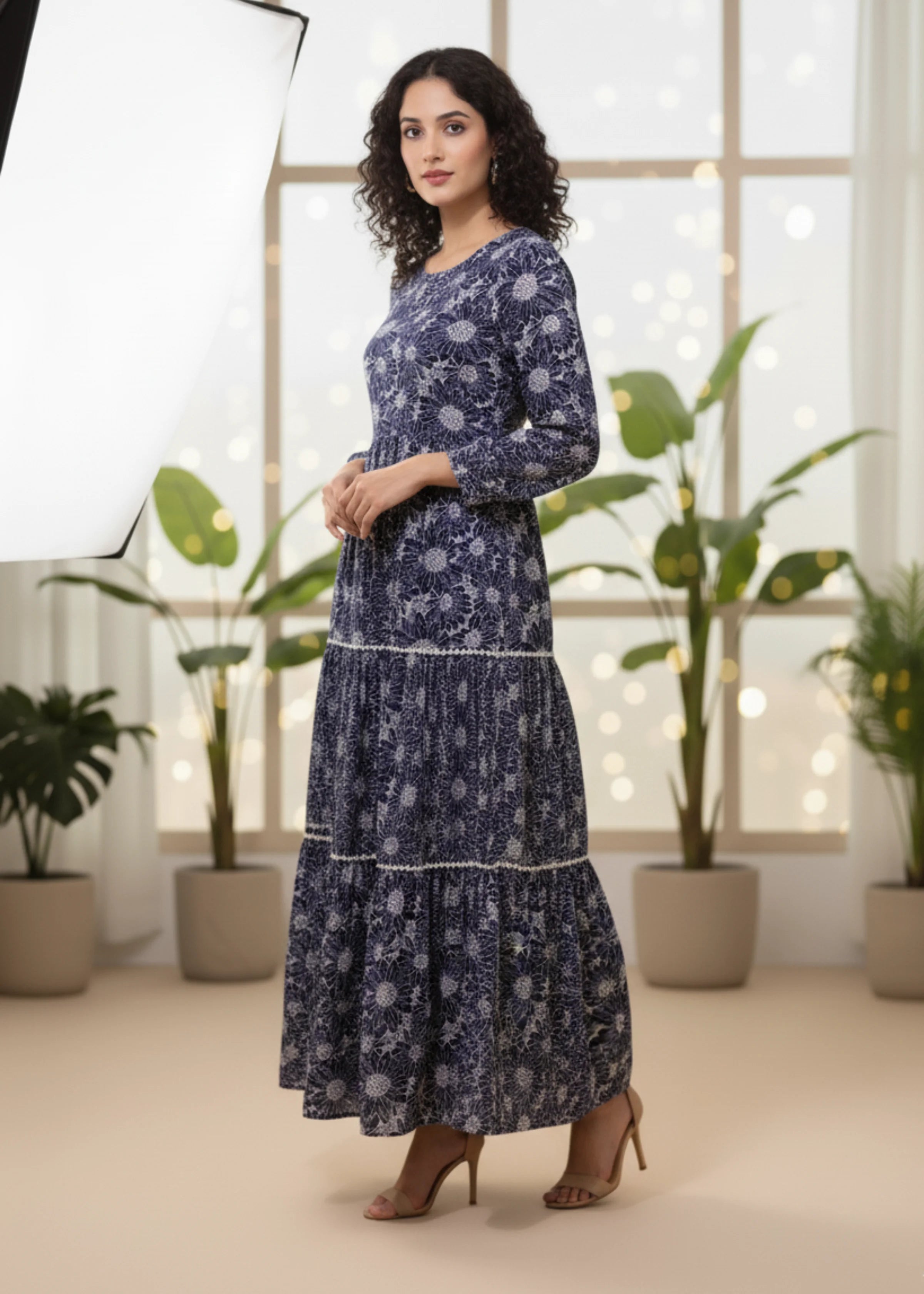 Stylish Navy Blue Printed Maxi Dress for Casual and Party Wear