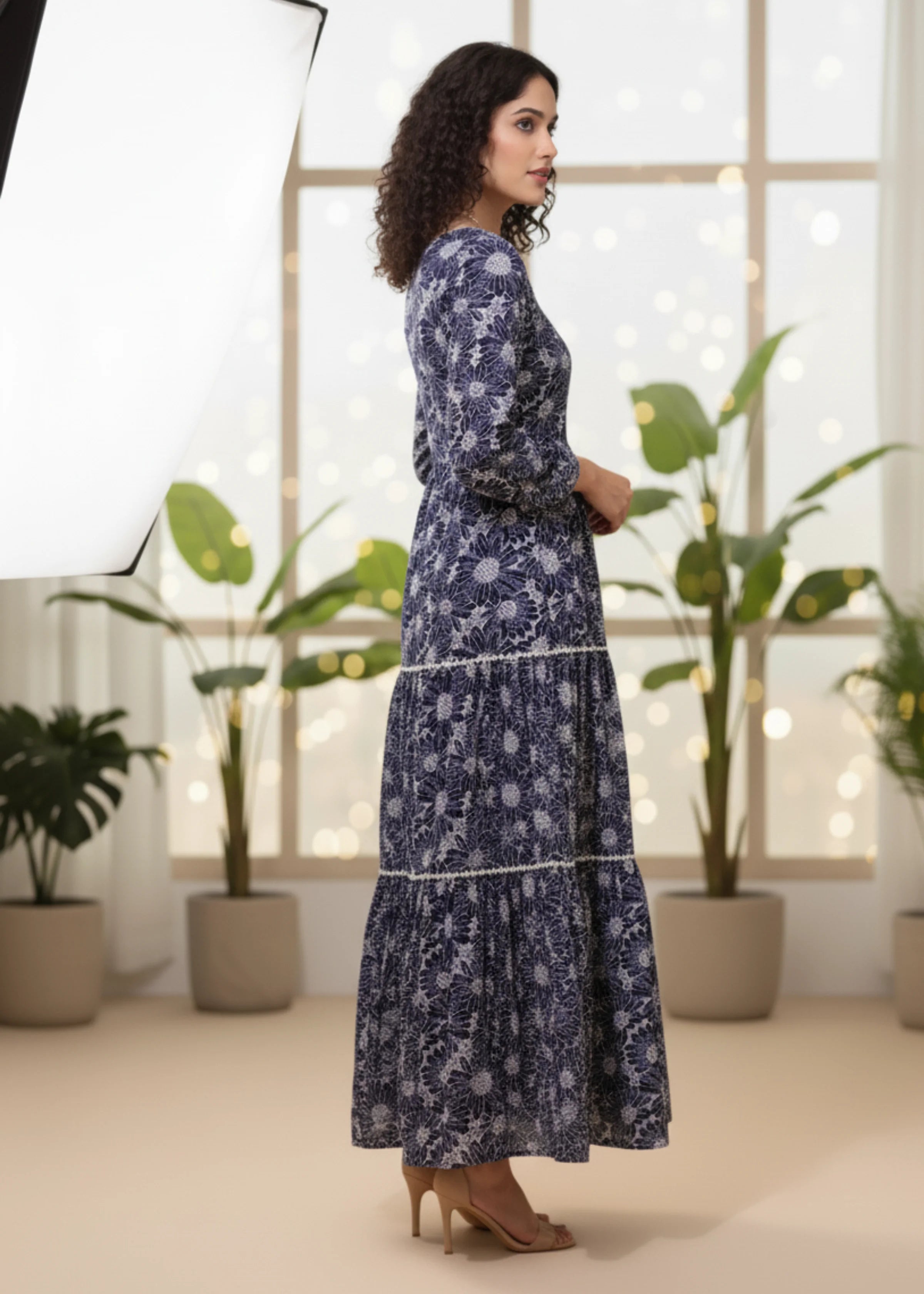 Stylish Navy Blue Printed Maxi Dress for Casual and Party Wear
