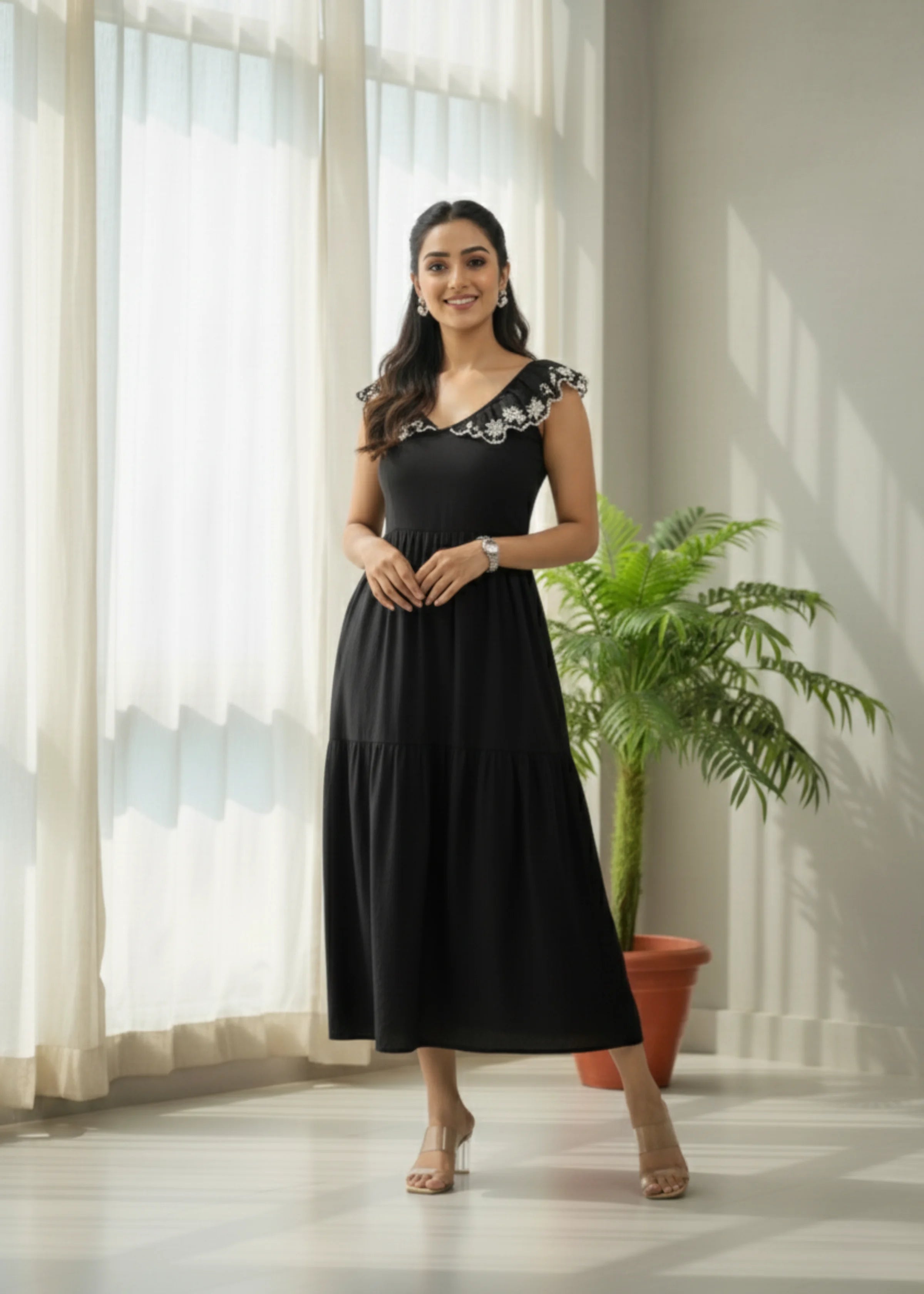 Stylish Black Cotton Midi Dress with Embroidered Collar
