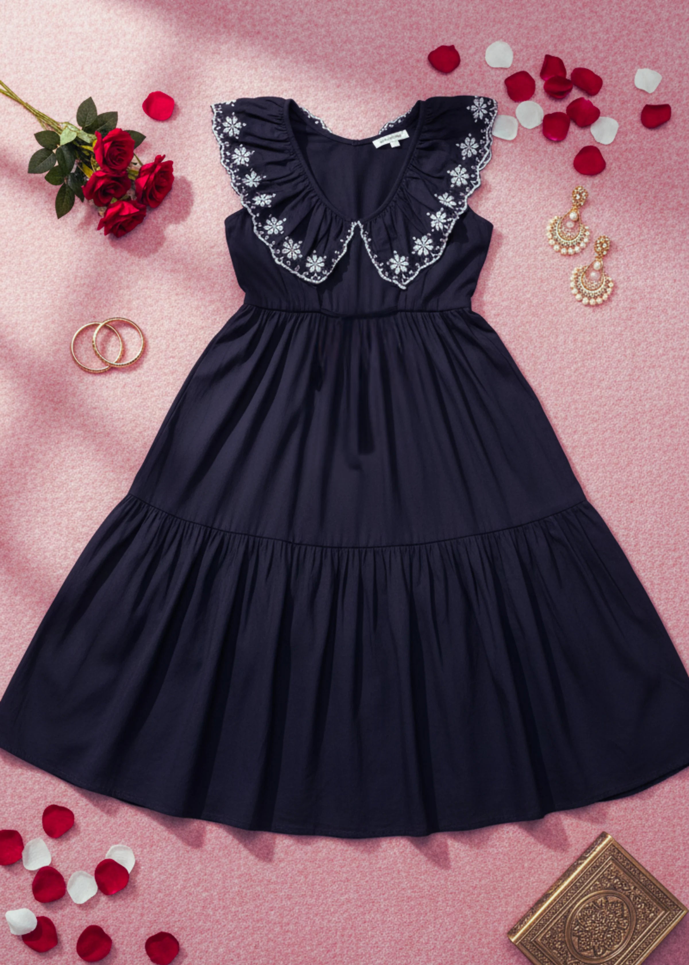 Stylish Black Cotton Midi Dress with Embroidered Collar