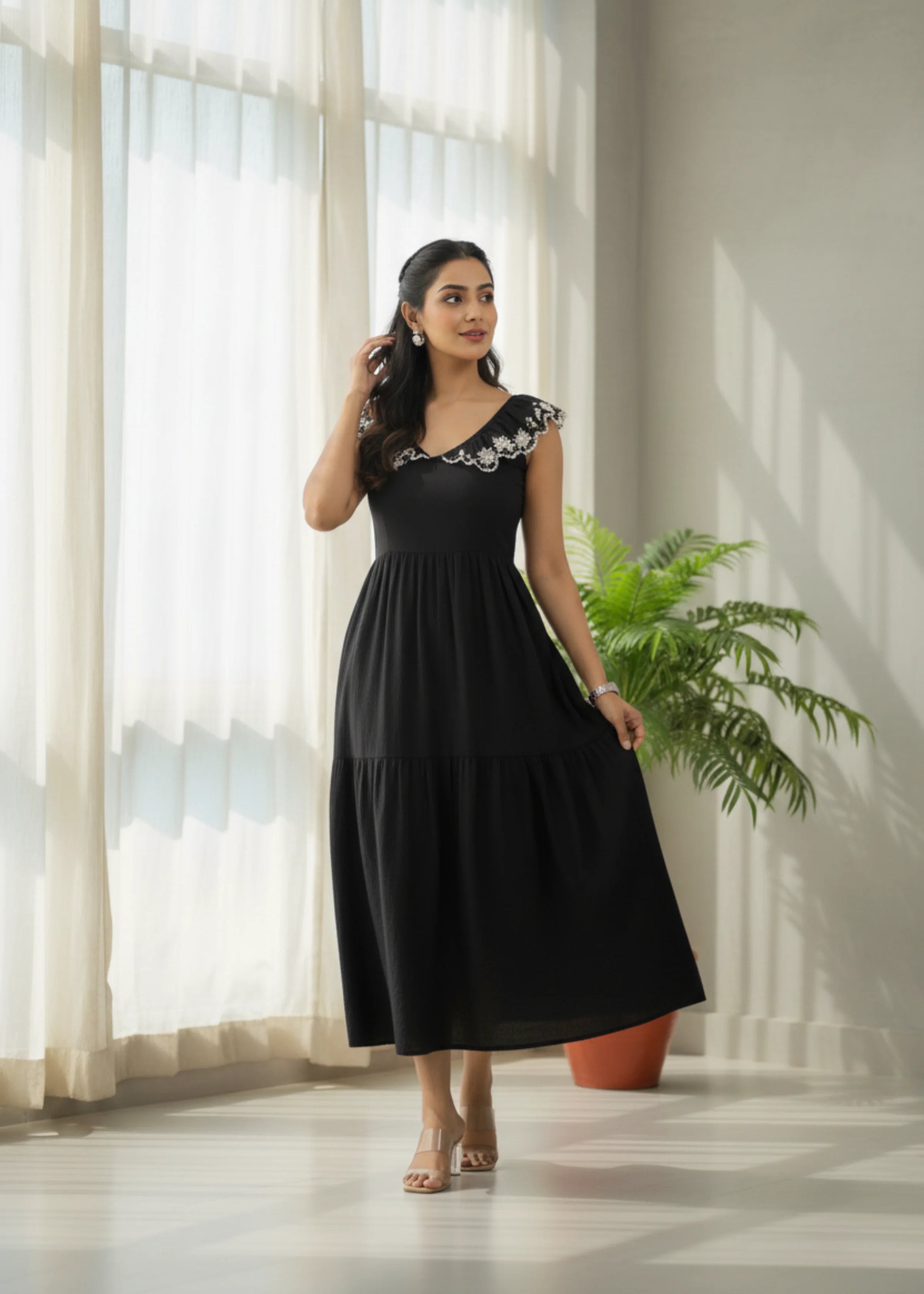 Stylish Black Cotton Midi Dress with Embroidered Collar