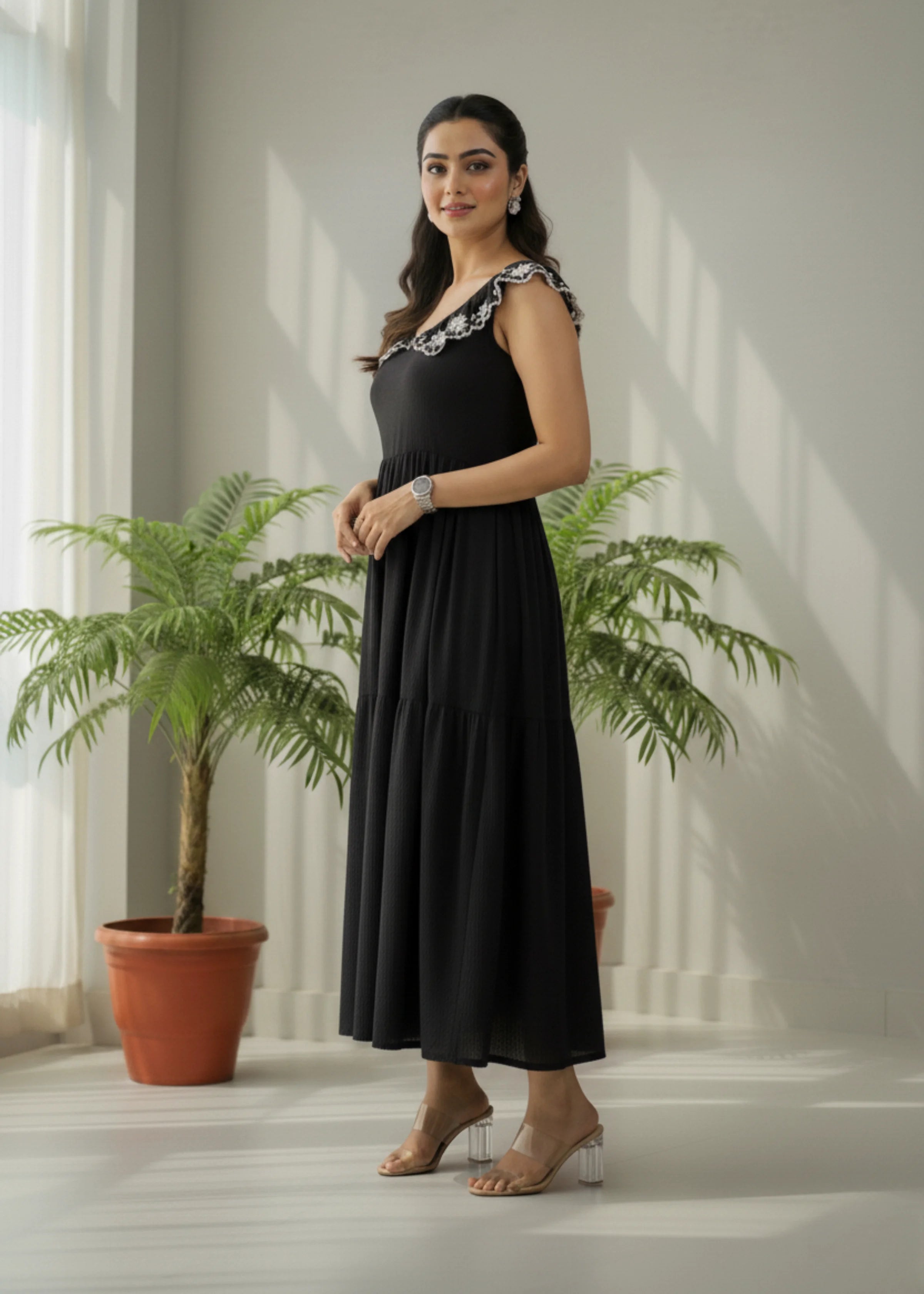 Stylish Black Cotton Midi Dress with Embroidered Collar