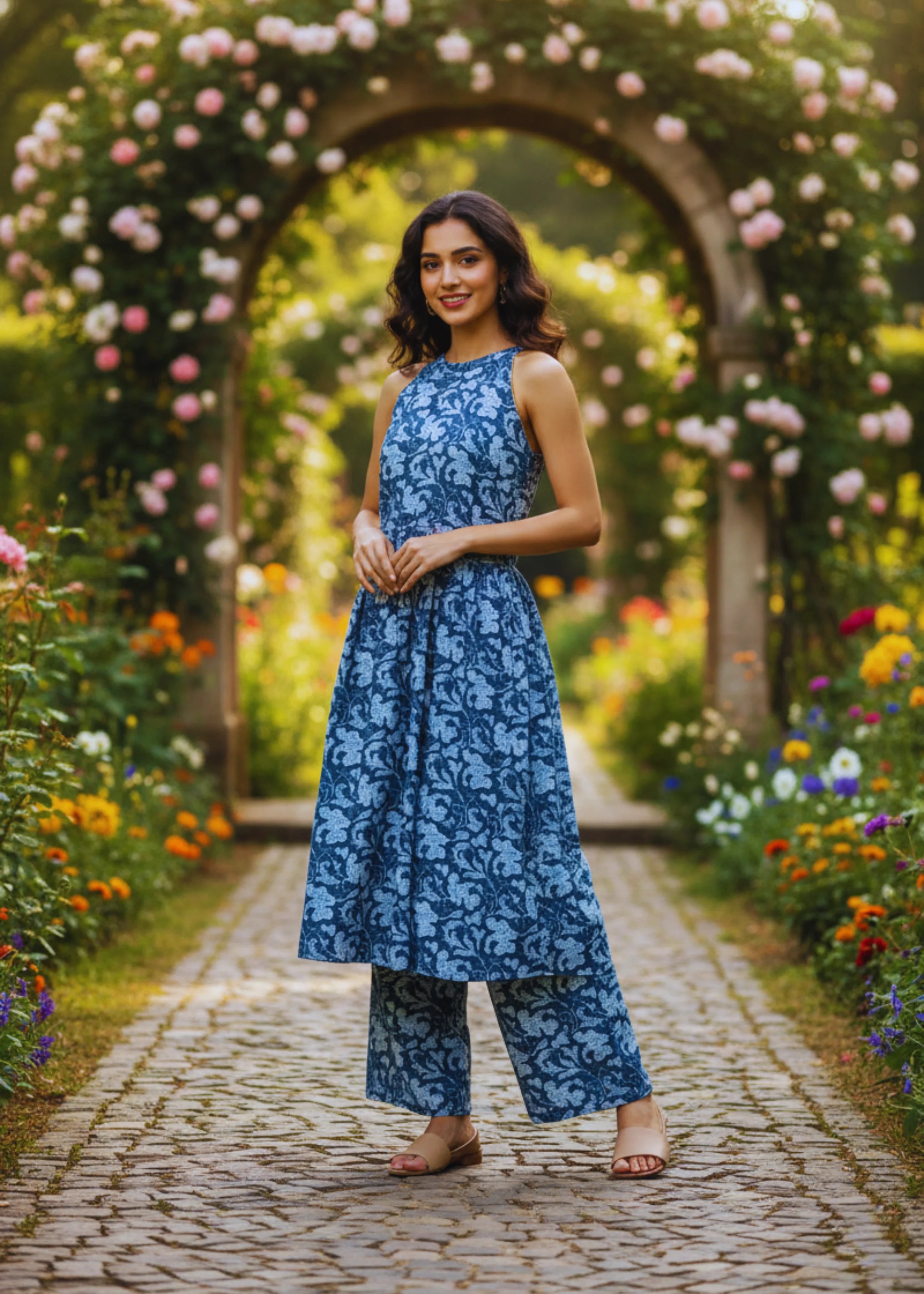 Superior Blue Printed Rayon Kurta Set with Palazzo Sleeveless Ethnic Wear for Women