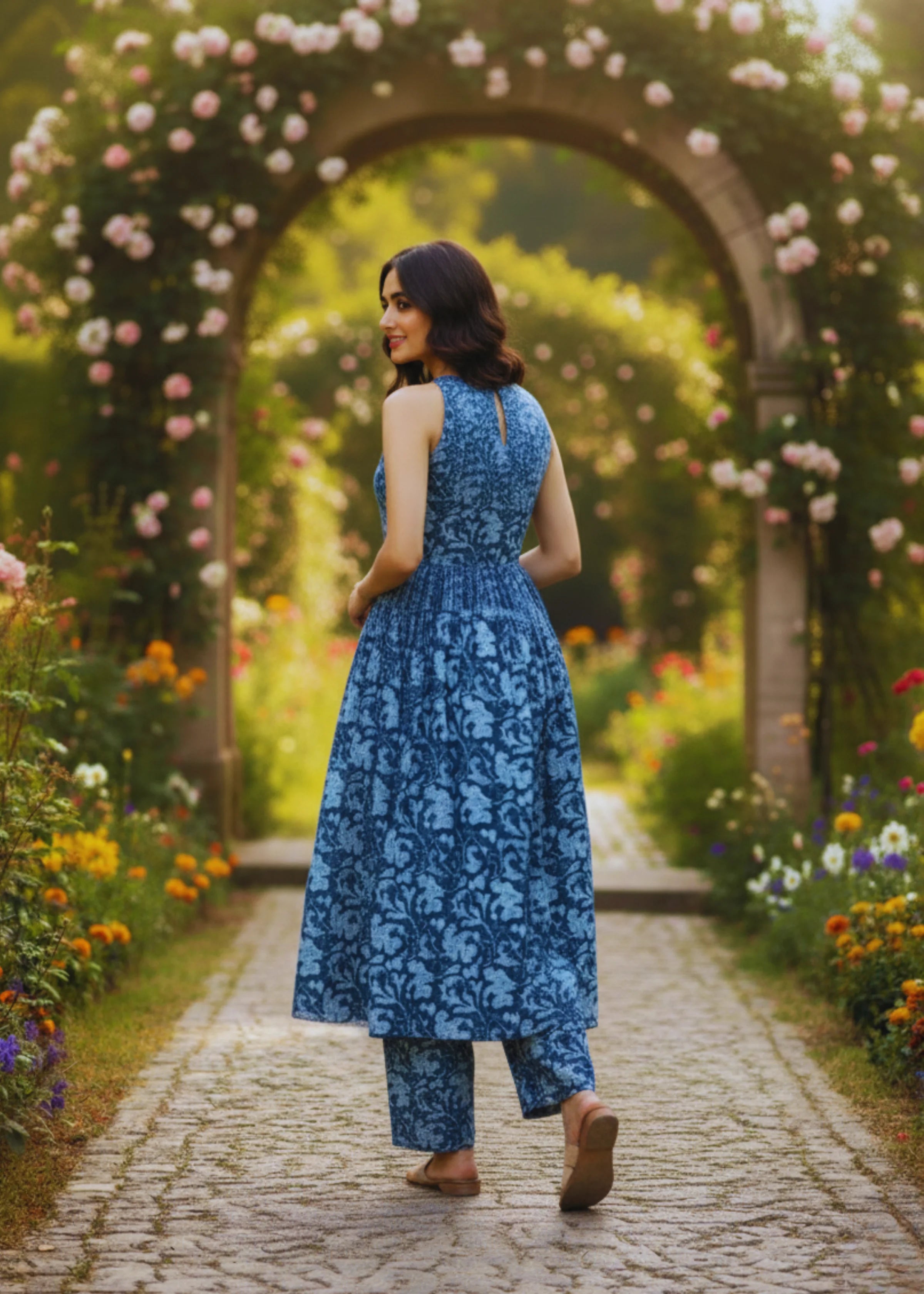 Superior Blue Printed Rayon Kurta Set with Palazzo Sleeveless Ethnic Wear for Women