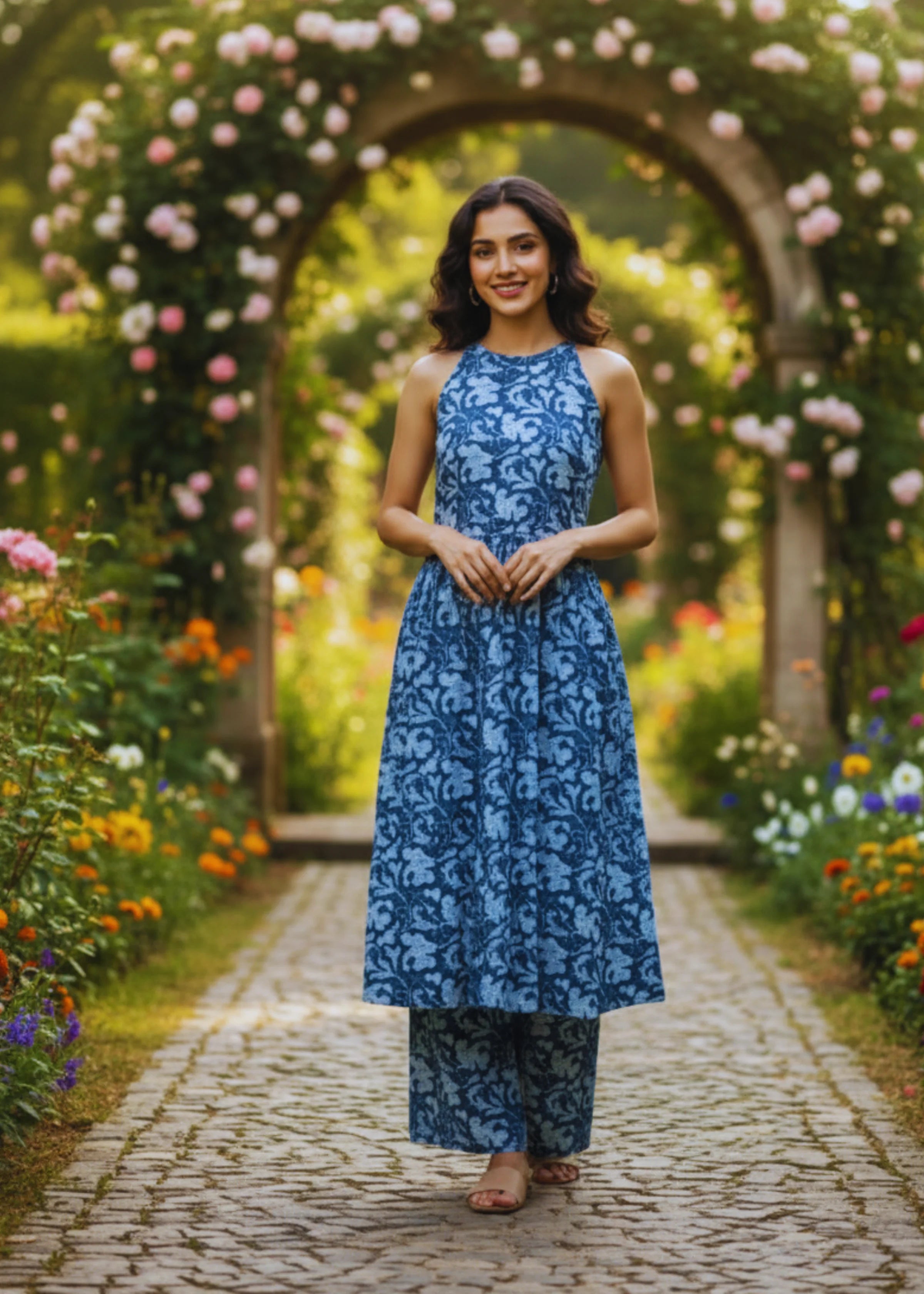 Superior Blue Printed Rayon Kurta Set with Palazzo Sleeveless Ethnic Wear for Women