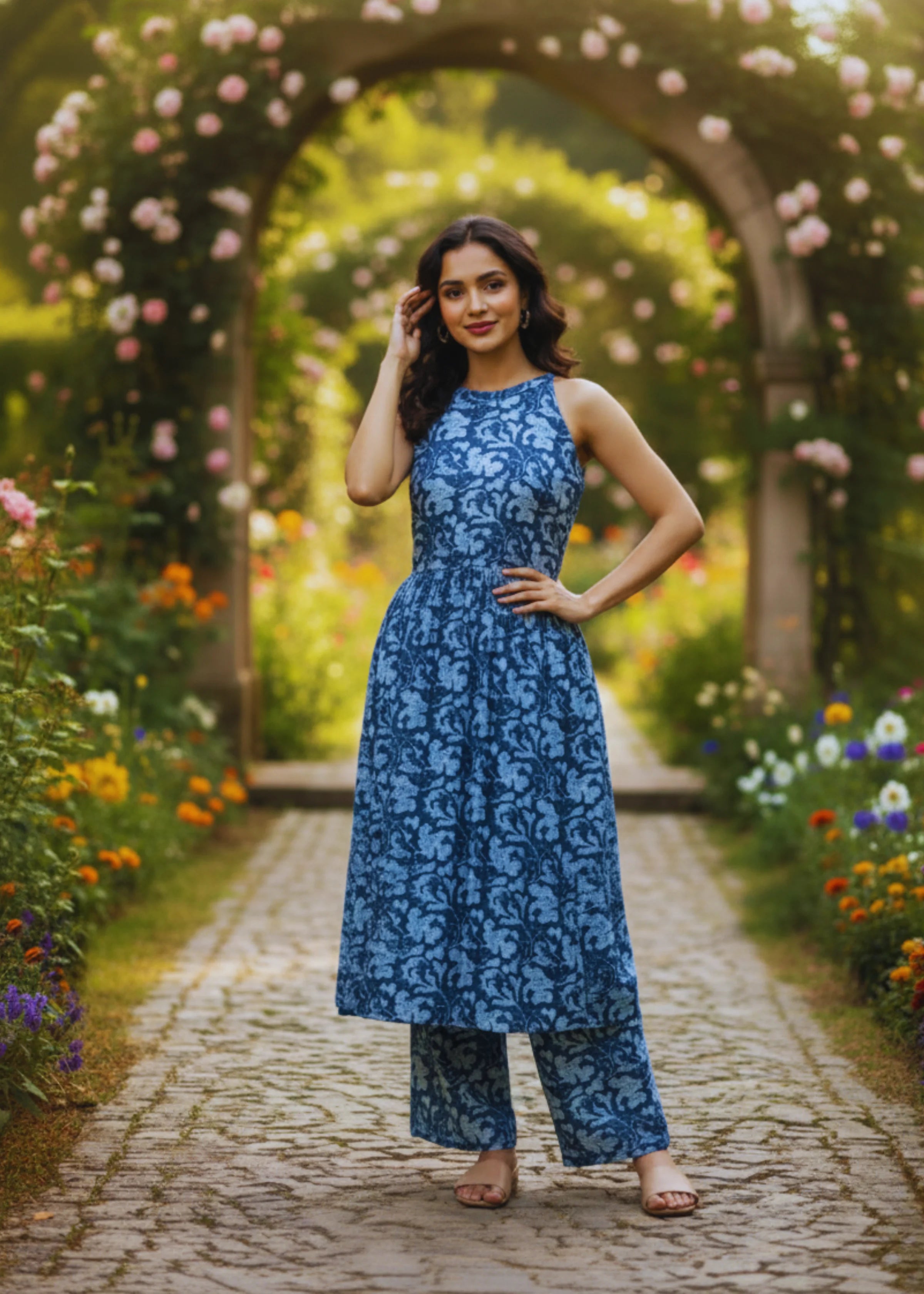 Superior Blue Printed Rayon Kurta Set with Palazzo Sleeveless Ethnic Wear for Women