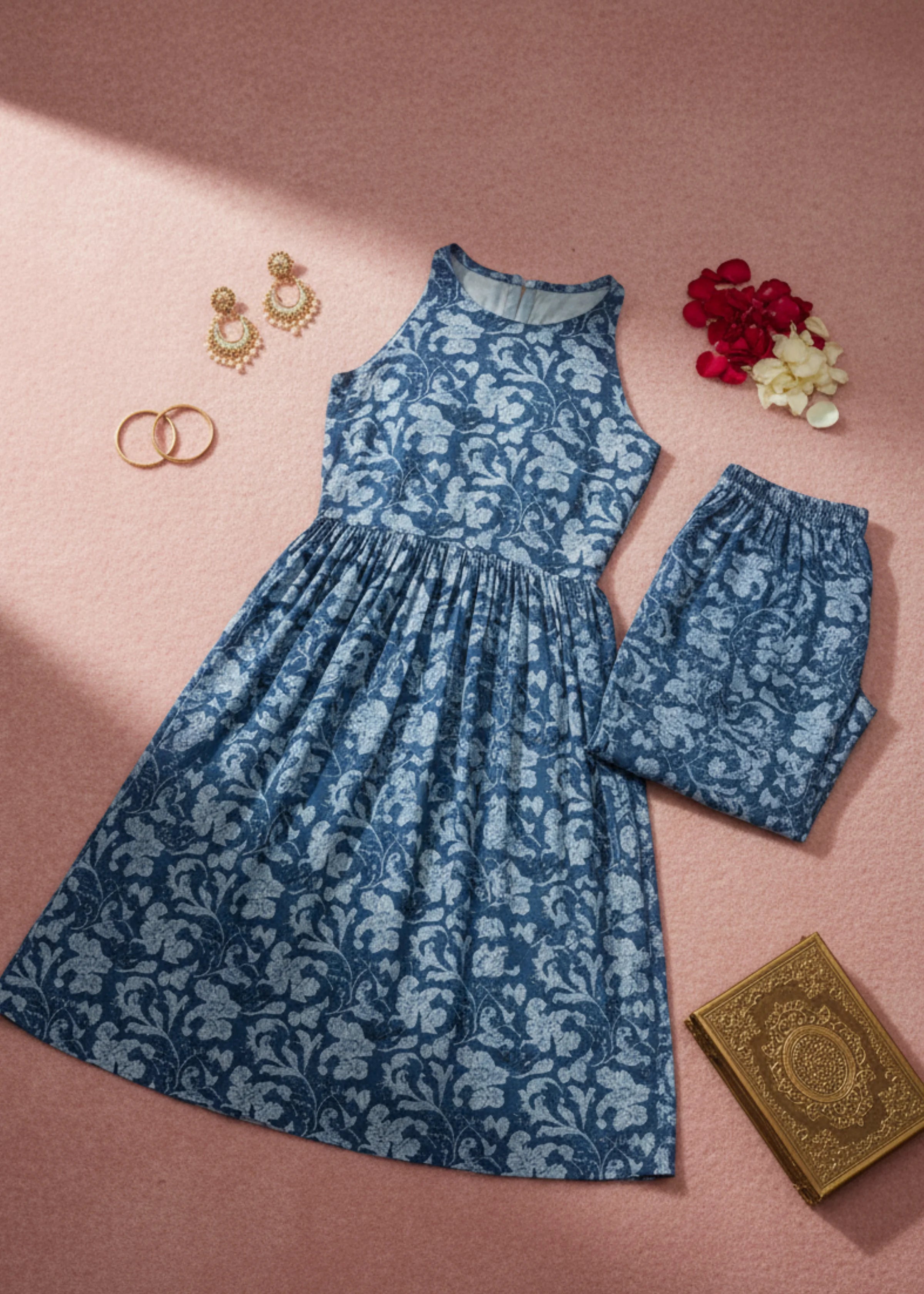 Superior Blue Printed Rayon Kurta Set with Palazzo Sleeveless Ethnic Wear for Women