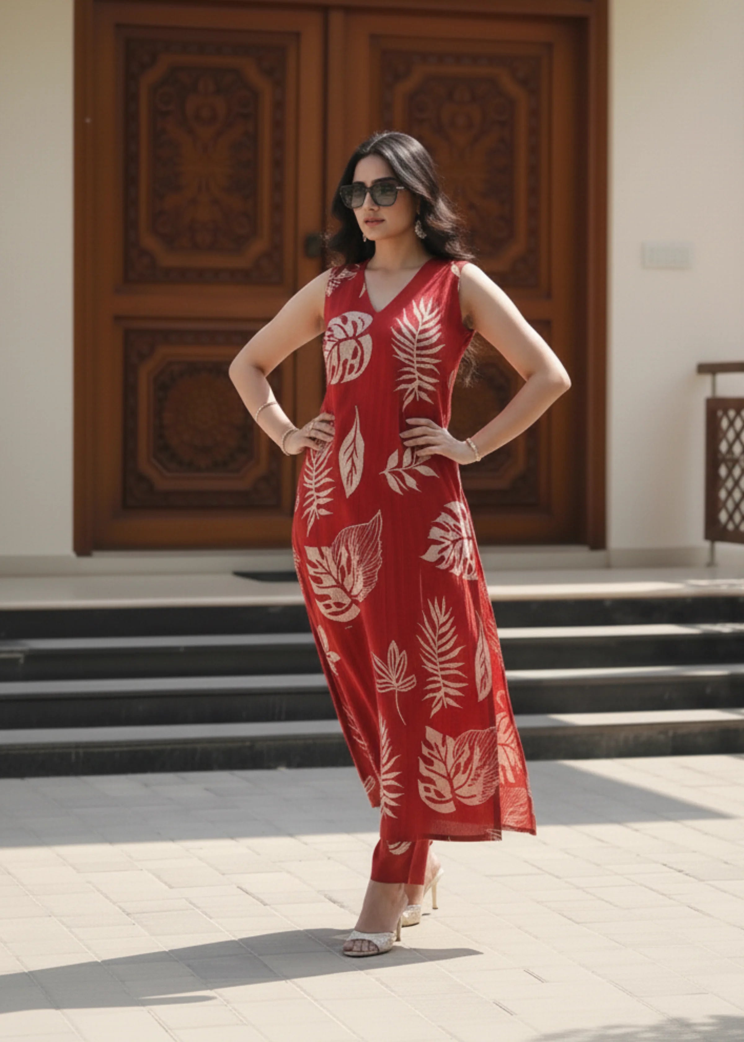 Trendy Red Cotton Blend Co-ord and Kurta Set with Tropical Leaf Print