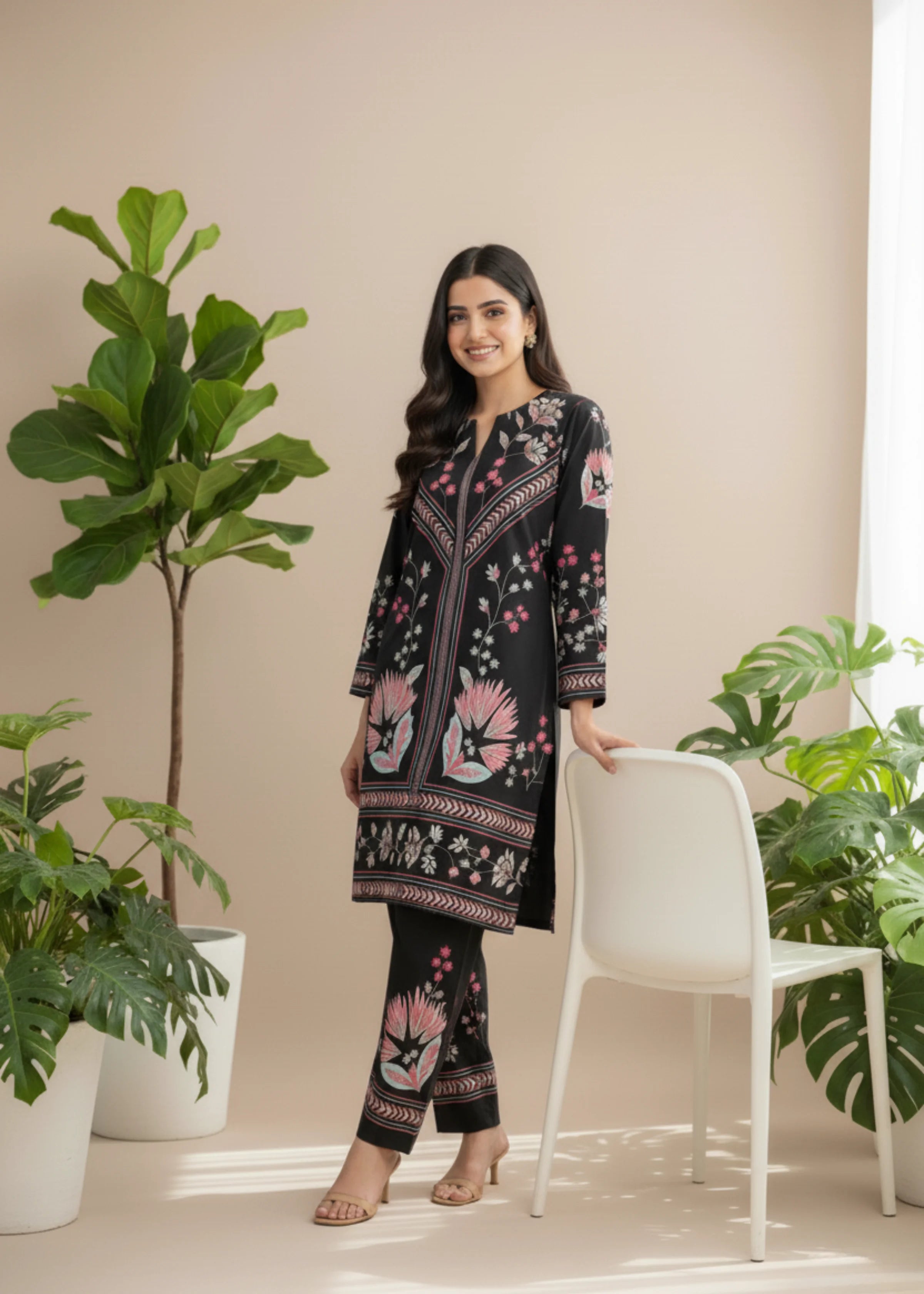 Turkish Ladies Wear Stylish Black Modern Floral Print Polycotton Set