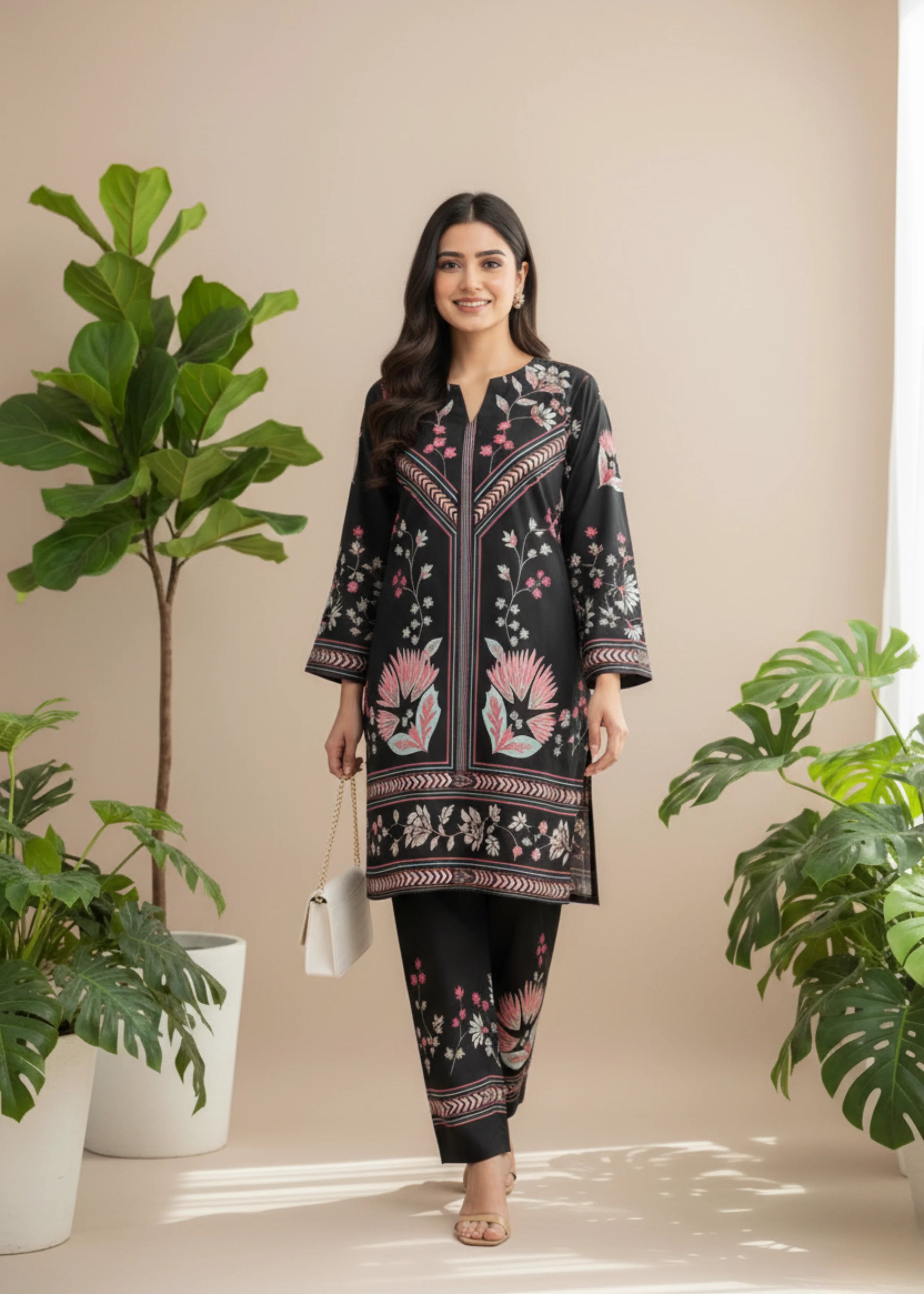 Turkish Ladies Wear Stylish Black Modern Floral Print Polycotton Set
