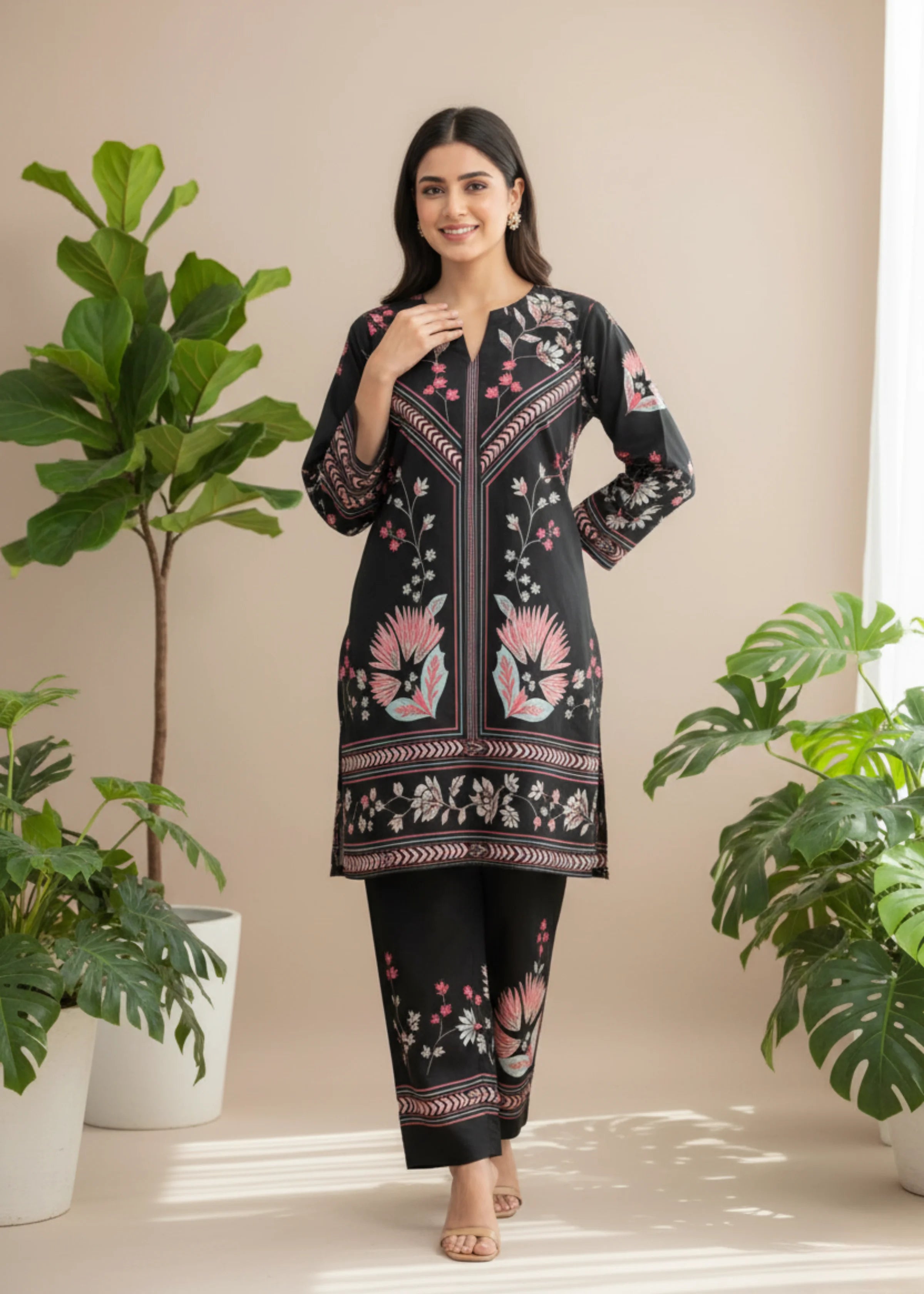 Turkish Ladies Wear Stylish Black Modern Floral Print Polycotton Set