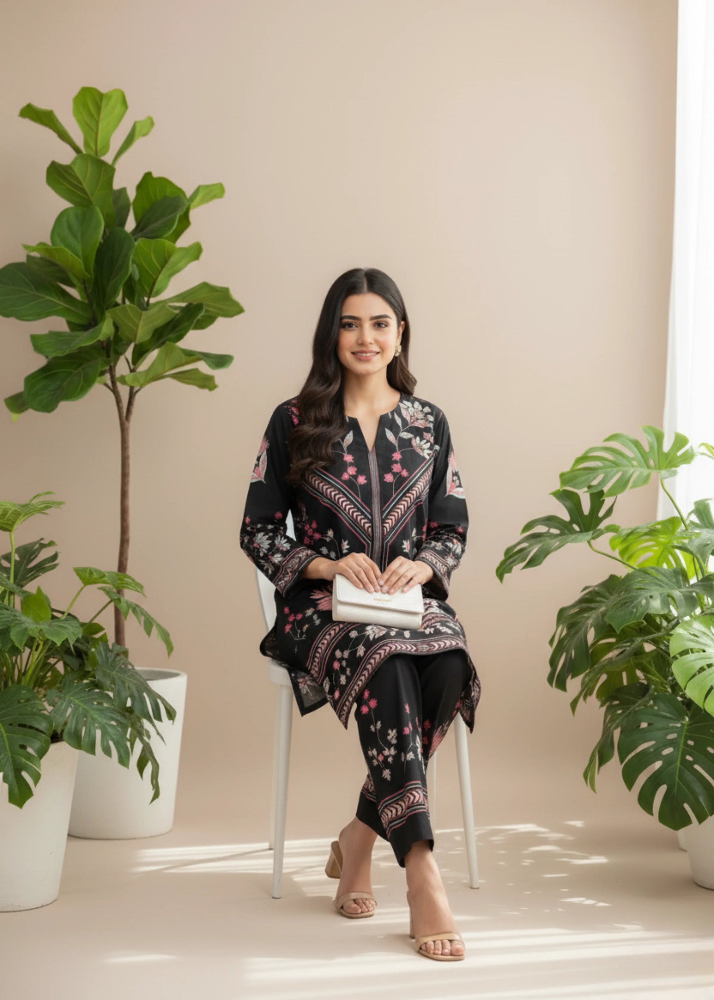 Turkish Ladies Wear Stylish Black Modern Floral Print Polycotton Set