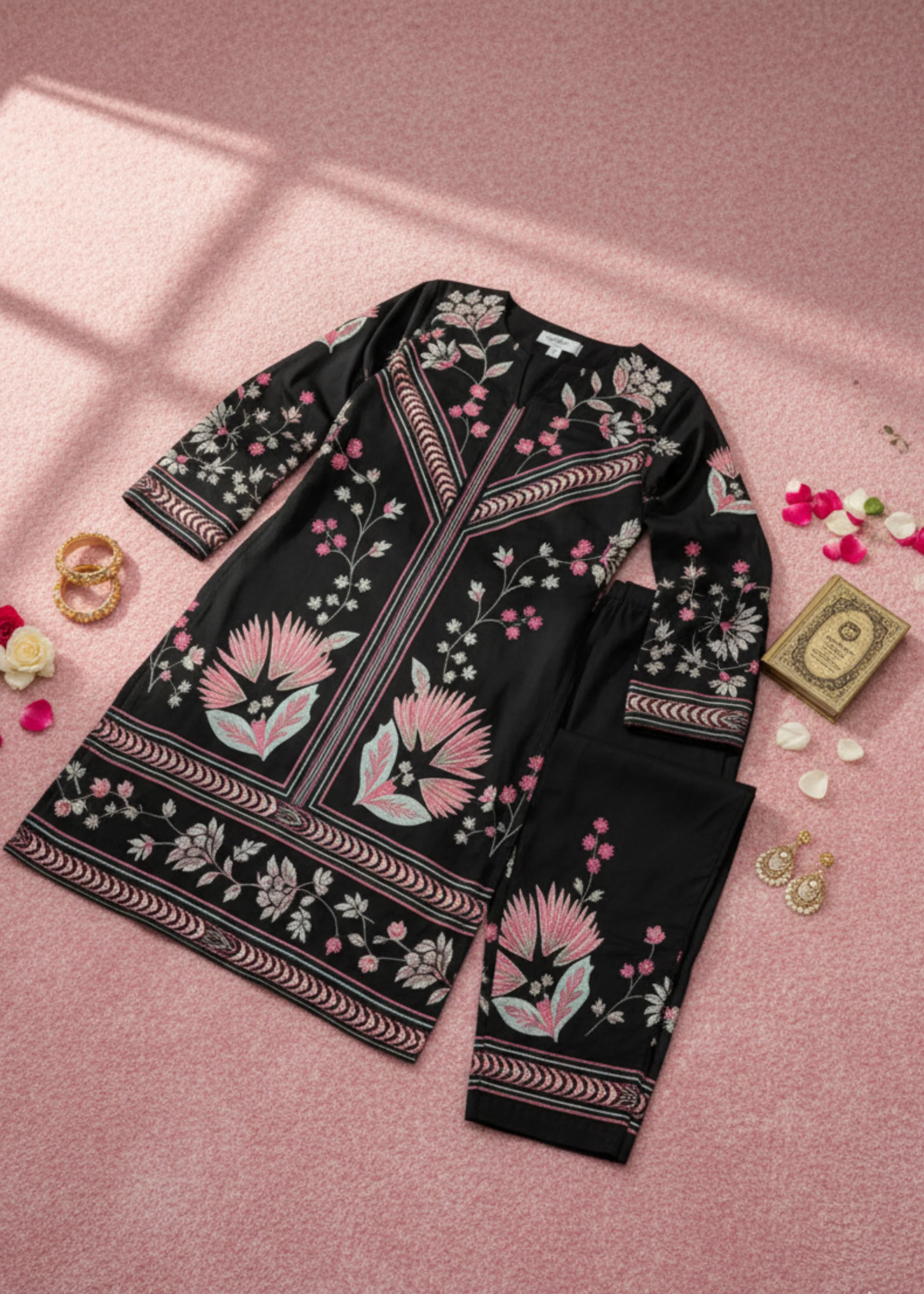 Turkish Ladies Wear Stylish Black Modern Floral Print Polycotton Set